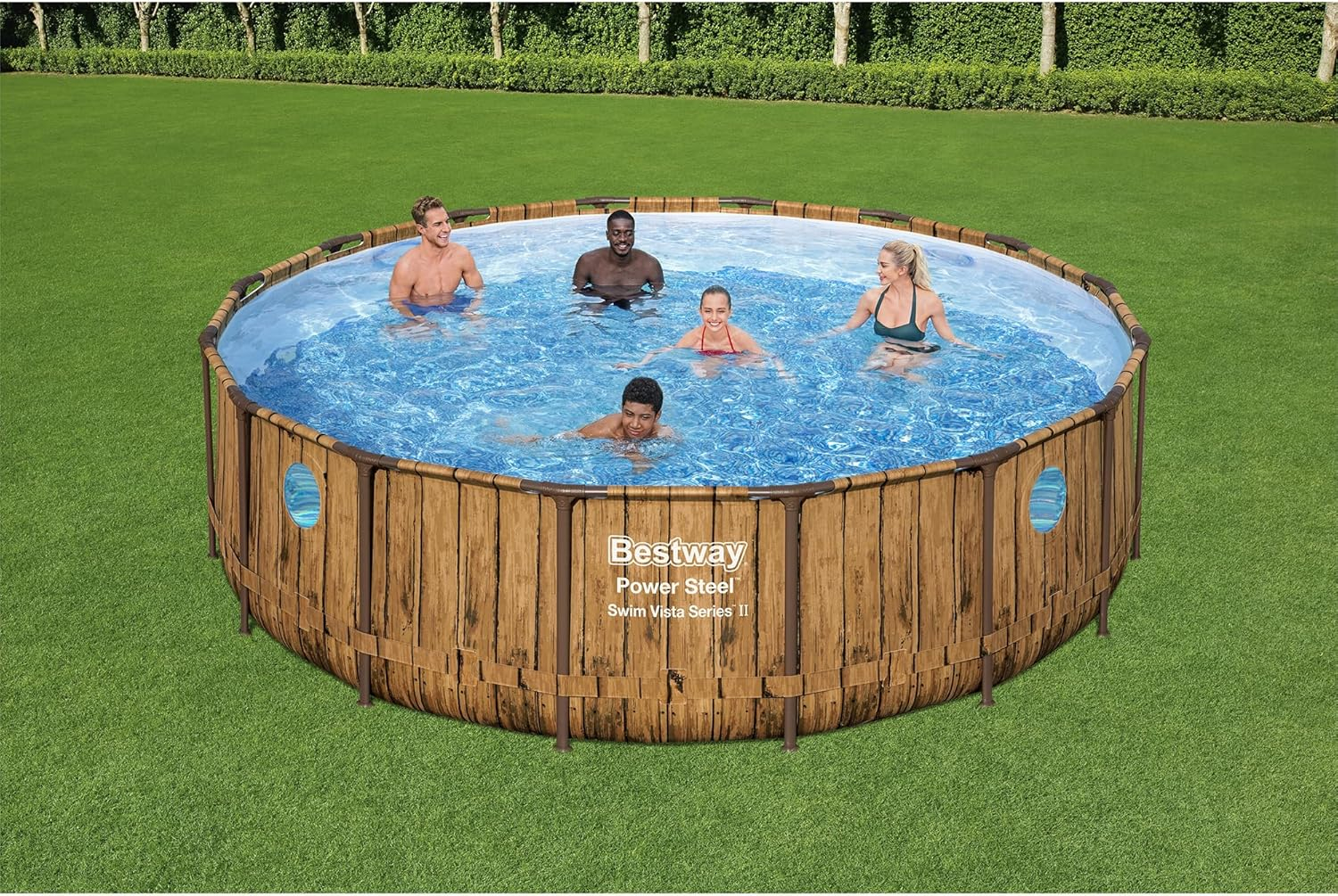 Bestway Power Steel Swim Vista Series II 16' x 48" Round Above Ground Outdoor Swimming Pool Set with Built-in Windows, Filter Pump, Ladder, and Cover