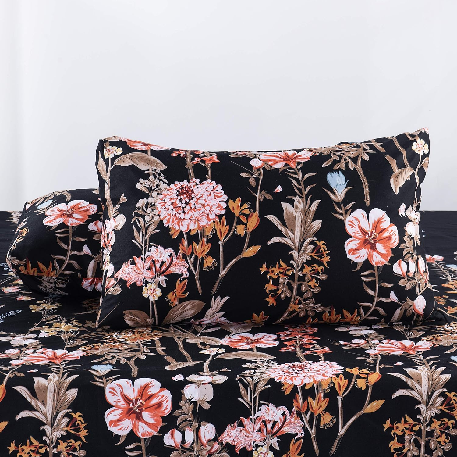 GETIANN Black Floral Duvet Cover Set Twin Comforter Cover Set 2 Pieces Bedding (1 Comforter Cover 68"x90" with 1 Pillow Sham) Soft Lightweight Bedding Set Hotel Quality