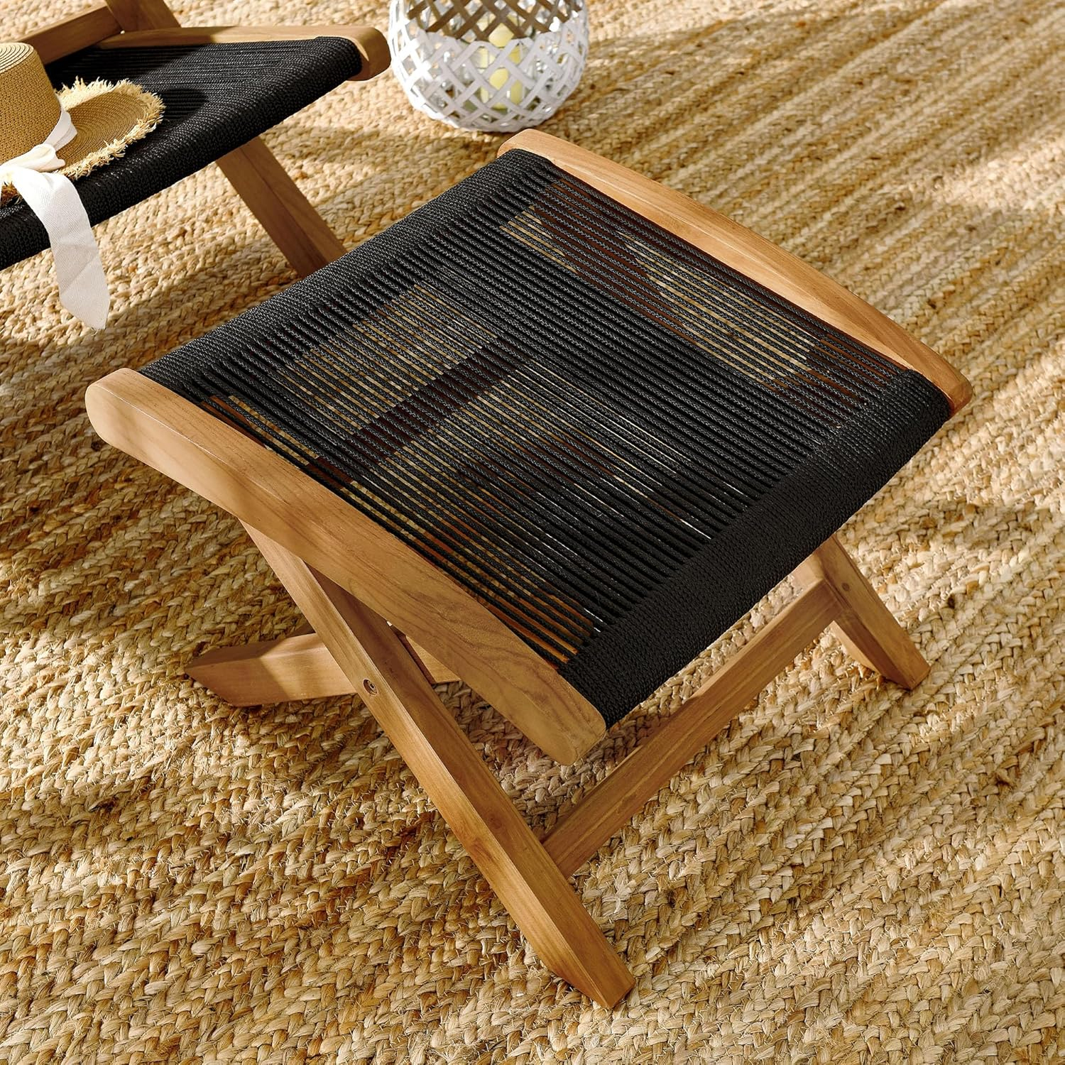 Vienna Natural Teak and Black Rope Folding Outdoor Ottoman
