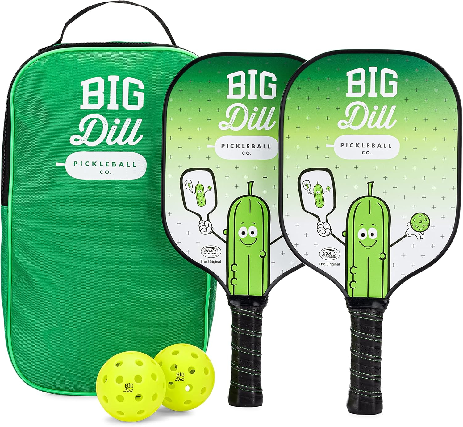 Big Dill Pickleball Co. Original Graphite Carbon Fiber Pickleball Paddles Set of 2 Paddles with Covers, 2 Pickleballs & Bag — Top-Rated Pickleball Set