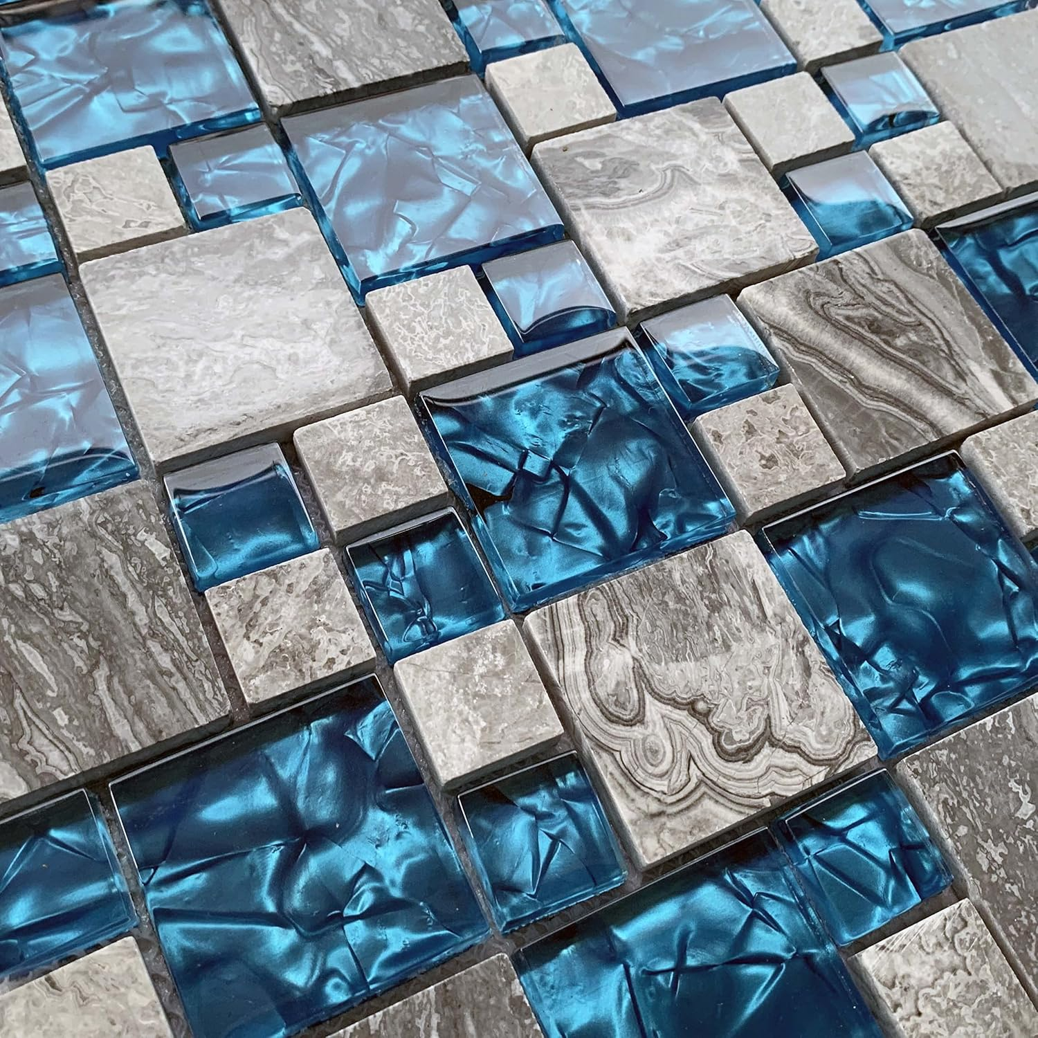 Premium Teal Blue Crystal Glass & Grey Stone Tile Modern Bathroom Shower Wall Versaille Patterns Mosaic for Kitchen Fireplace Decor (3"x12" Sample)