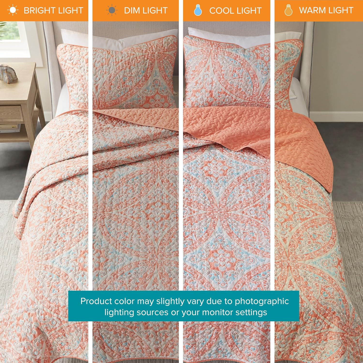Comfort Spaces Reversible Quilt Set-Vermicelli Stitching Design All Season, Lightweight, Coverlet Bedspread Bedding, Matching Shams, Full/Queen (90 in x 90 in), Gloria Damask Coral 3 Piece