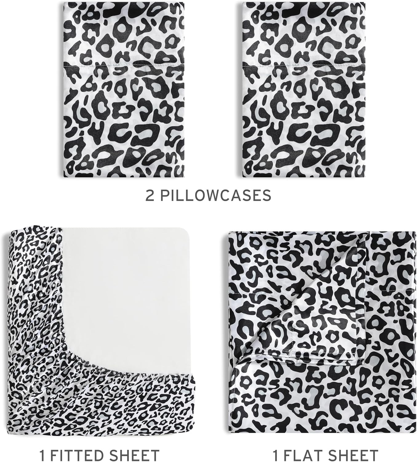 Queen Silver Satin Polyester Snow Leopard Print Sheet Set