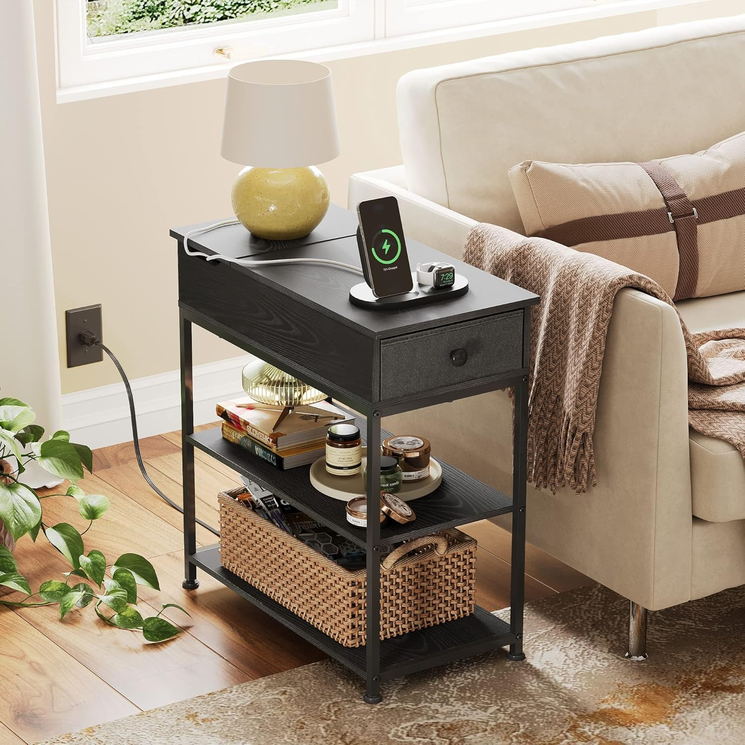 Narrow Side Table with 2 USB Ports and 2 Outlets, Flip Top End Table with Drawer and Storage Shelves, End Stand with Charging Station for Living Room, Bedroom, Small Spaces,Black