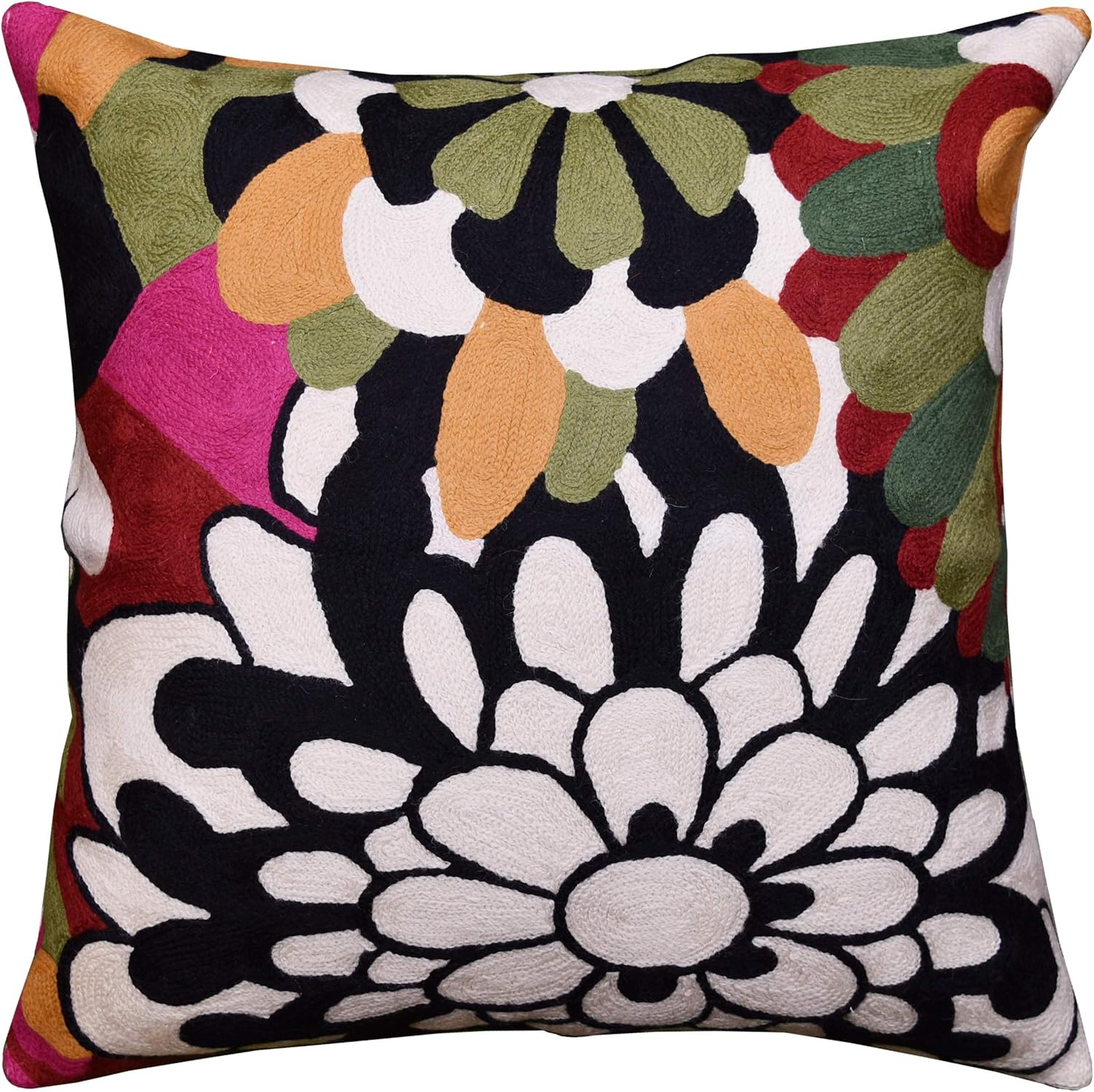 Modern Cream Decorative Floral Pillow Cover Needlepoint White Flower Hand Embroidered Pillowcase Flowery Outdoor Suzani Accent Cushion Boho Chair Modern Chair Pillowsham Wool Size 18x18