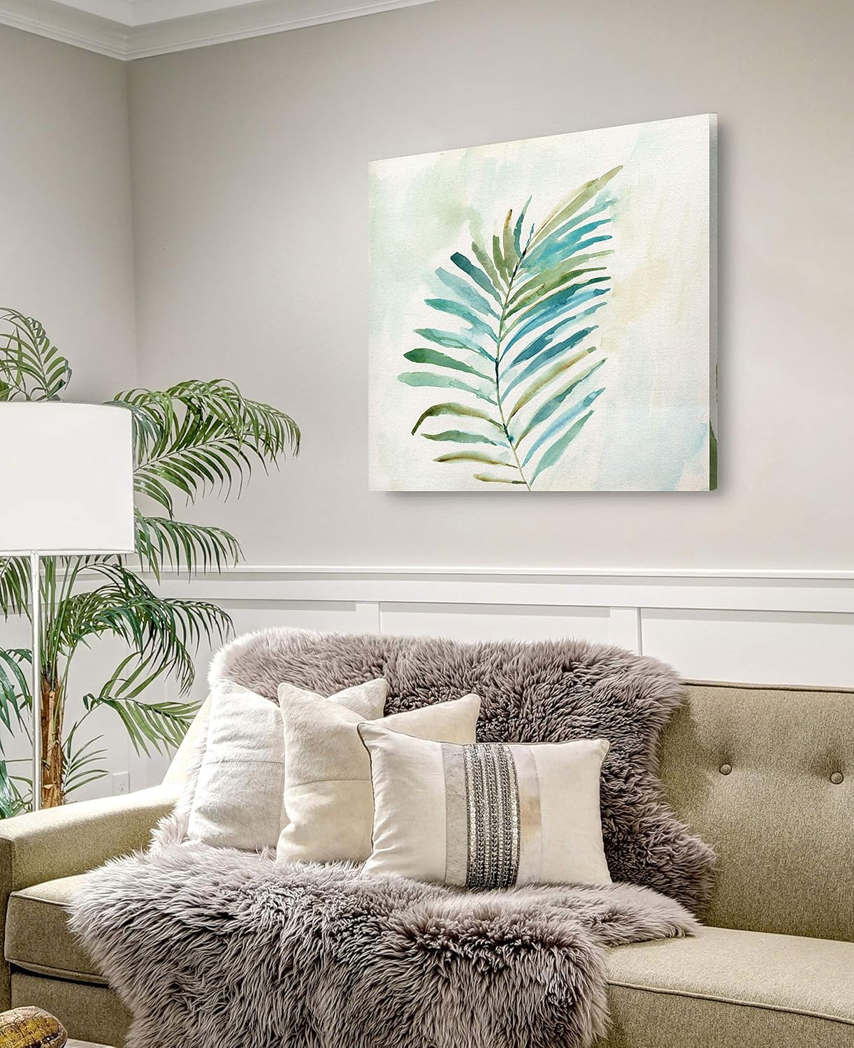 Tropical Leaf Green and Blue Canvas Wall Art, 32" x 32"
