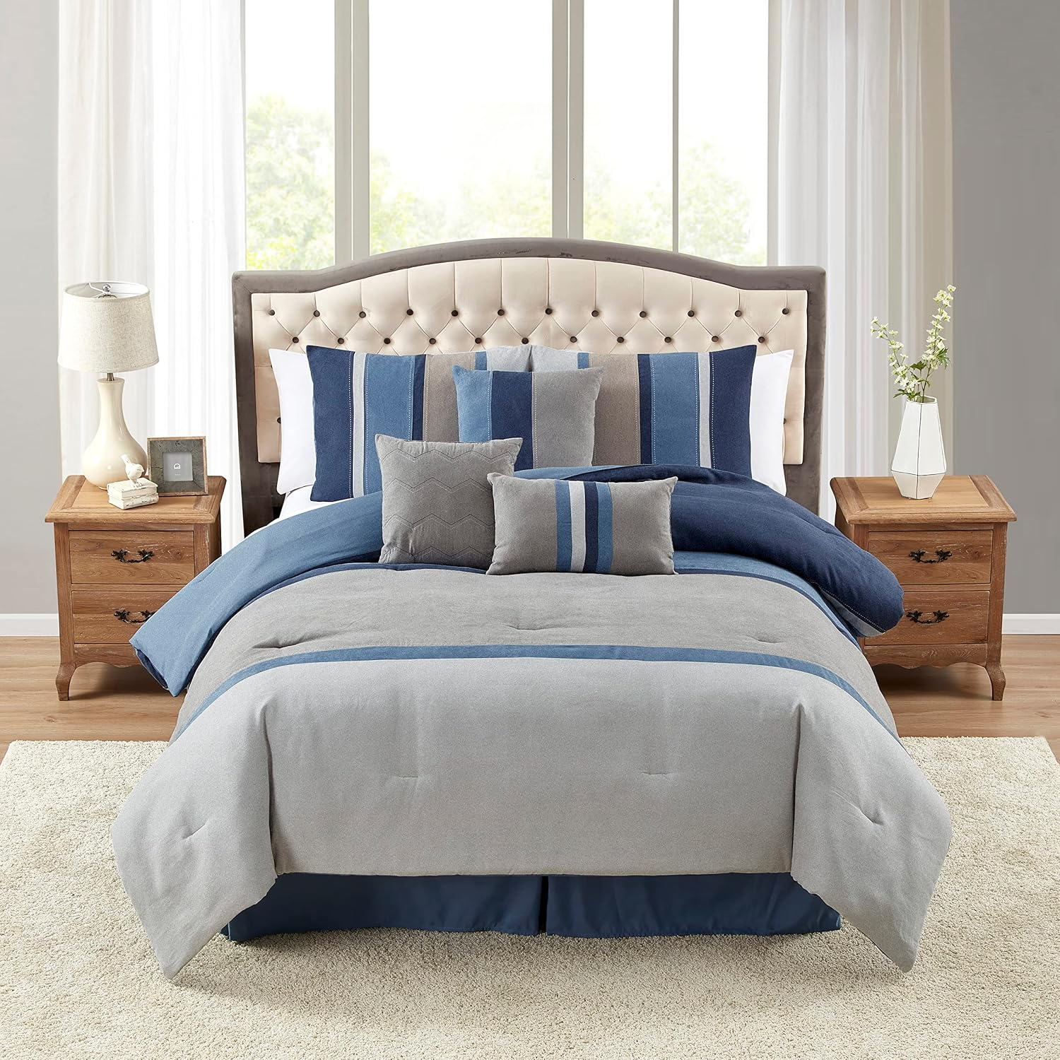 Queen Comforter Set Ultra Soft Faux Suede Fashion Bedding Sets with Shams, Throw Pillows, and Bed Skirt, Queen, Denim
