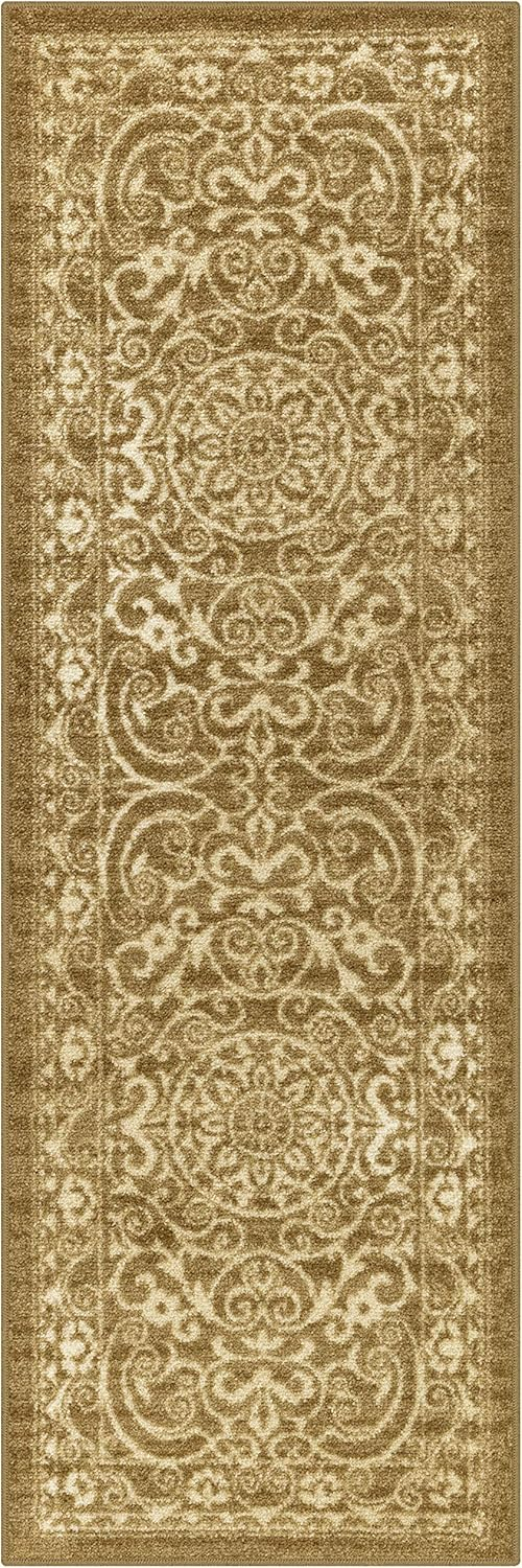 Vintage Scroll Design Khaki Synthetic Runner Rug