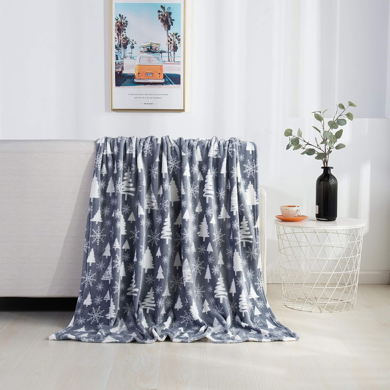 Elegant Comfort Velvet Touch Ultra Plush Christmas Holiday Printed Fleece Throw/Blanket-50 x 60inch, (Gray Christmas Tree)