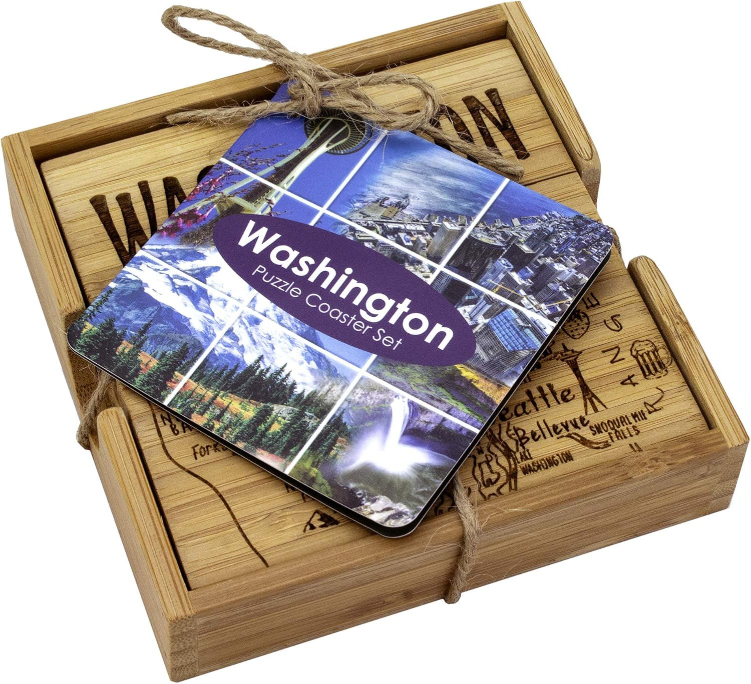 Washington State Bamboo Puzzle Coaster Set with Case