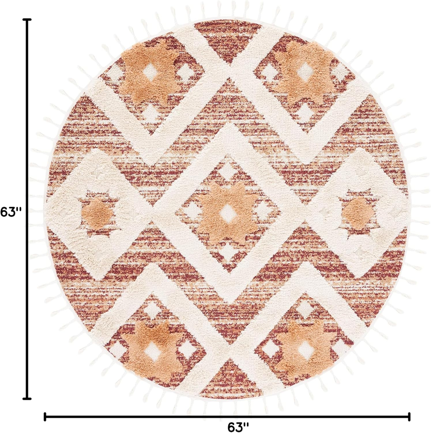 SAFAVIEH Moroccan Tassel Dawson Geometric Shag Area Rug, Rust/Ivory, 5'3" x 5'3" Round