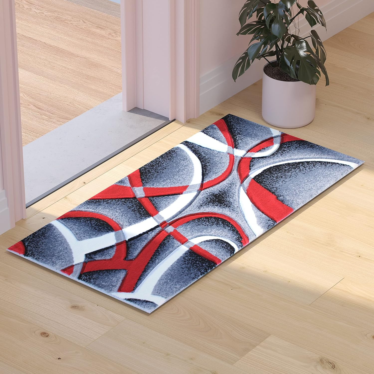 Flash Furniture Atlan Collection Abstract Area Rug - High Pile Red Olefin Rug - 4' x 4' Round Area Rug - Jute Backing - Hallway, Entryway, Bedroom