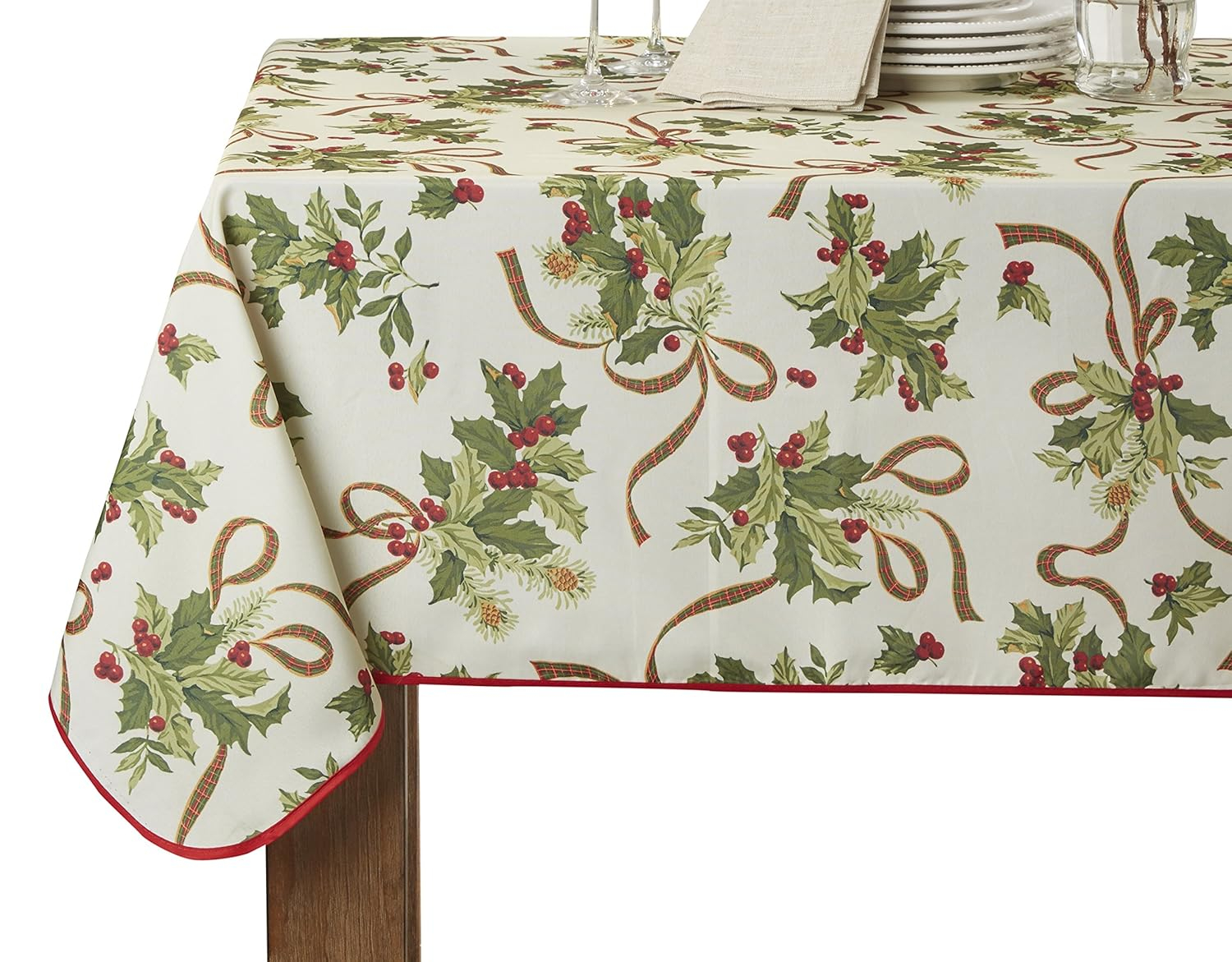 European Seasonal Christmas Ribbons Tablecloth Beige 52" X 70"