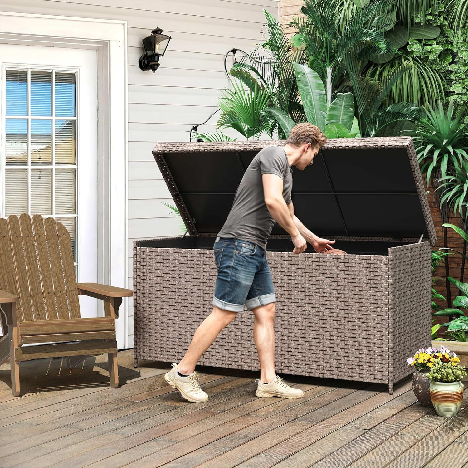 DWVO 170 Gallon Outdoor Storage Box, Weatherproof Wicker Deck Box, XL Outside Storage Container for Patio Furniture, Cushions, Pool Storage and Garden Tools (Black)
