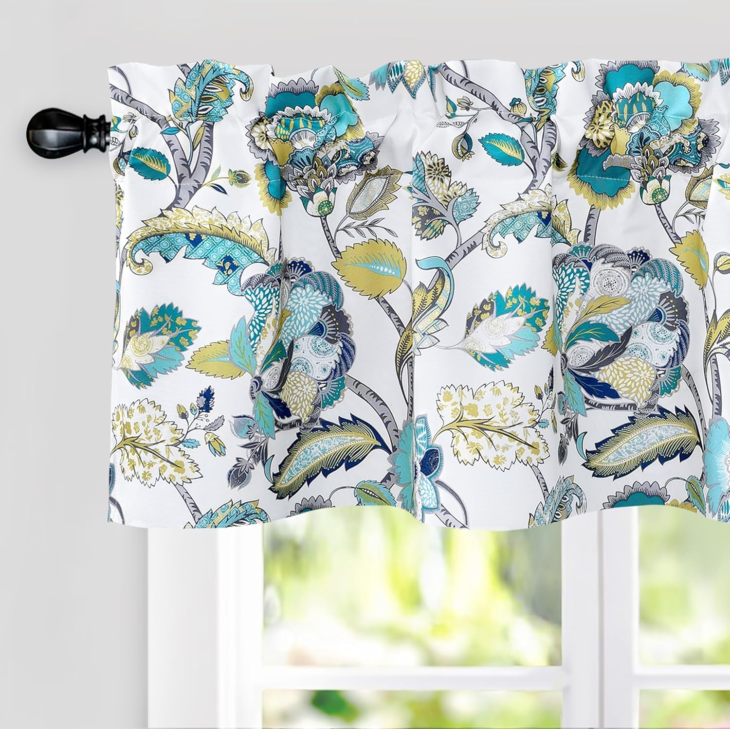 DriftAway Layla Room Darkening Valance for Kitchen Classic America Style Floral Leaves 18 Inch Length Valance for Living Room Bedroom Rod Pocket Window Treatment 52x18 White Seafoam Gray 2 Pack