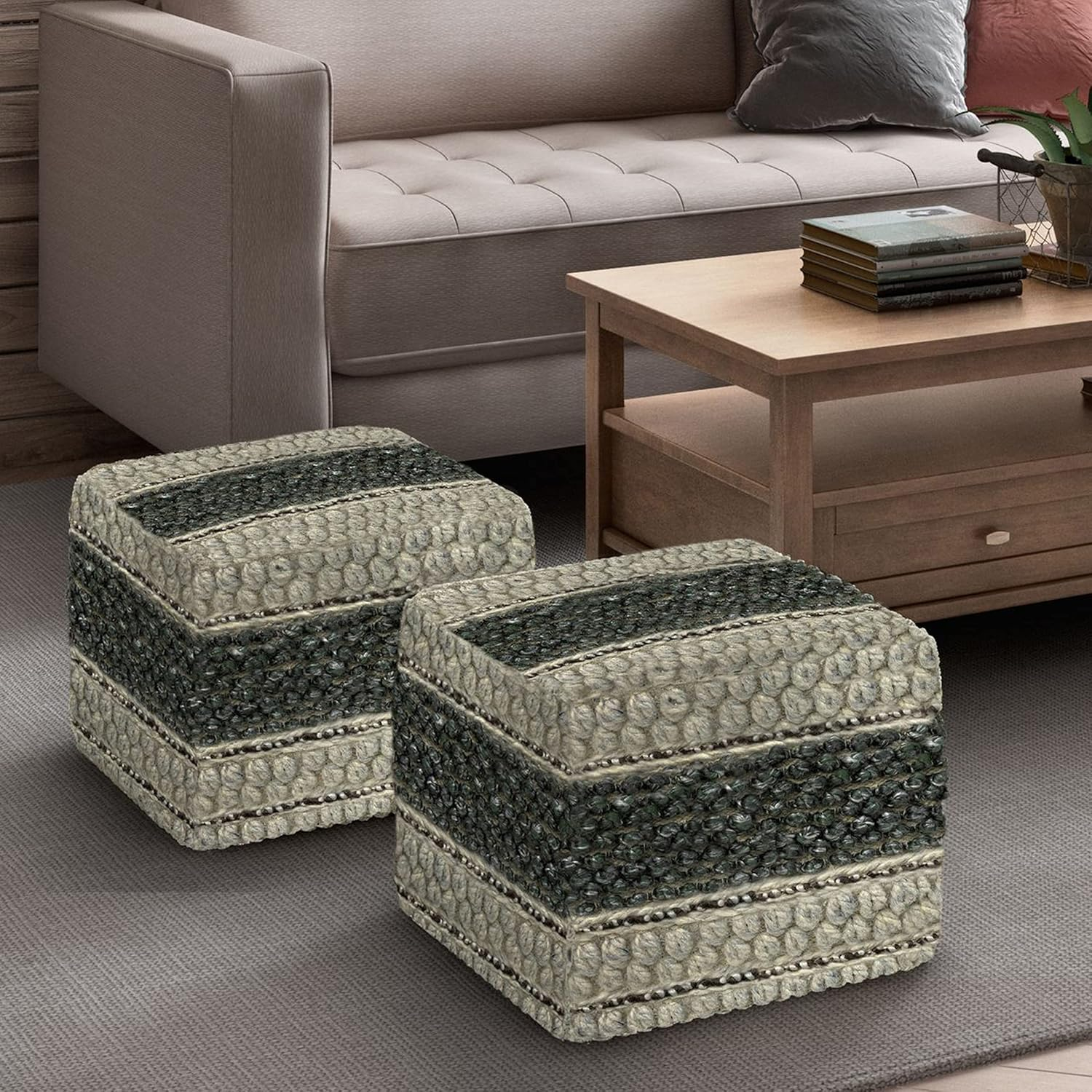 SIMPLIHOME Grady Contemporary Square Pouf in Green and Natural Handloom Woven for the Living Room, Bedroom and Kids Room