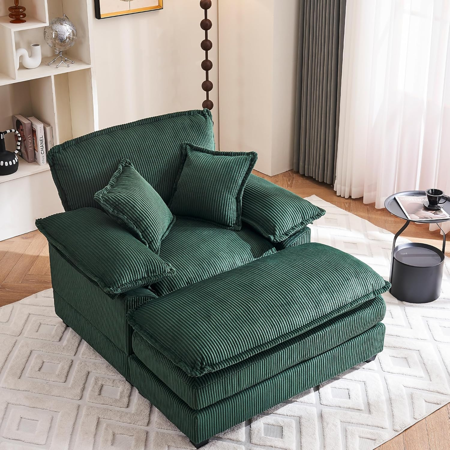 46.9" W Oversized Chair with Ottoman, Corduroy Upholstered Chaise Lounge Chair Indoor Reading Chairs Sofa Couche Oversized Comfy Chairs for Living Room, Bedroom (Corduroy Green)
