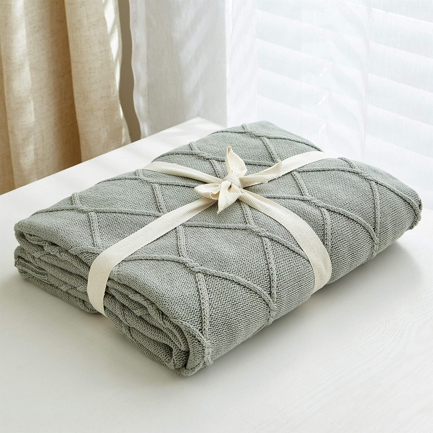 Sage Green Cotton Cable Knit Weighted Throw Blanket