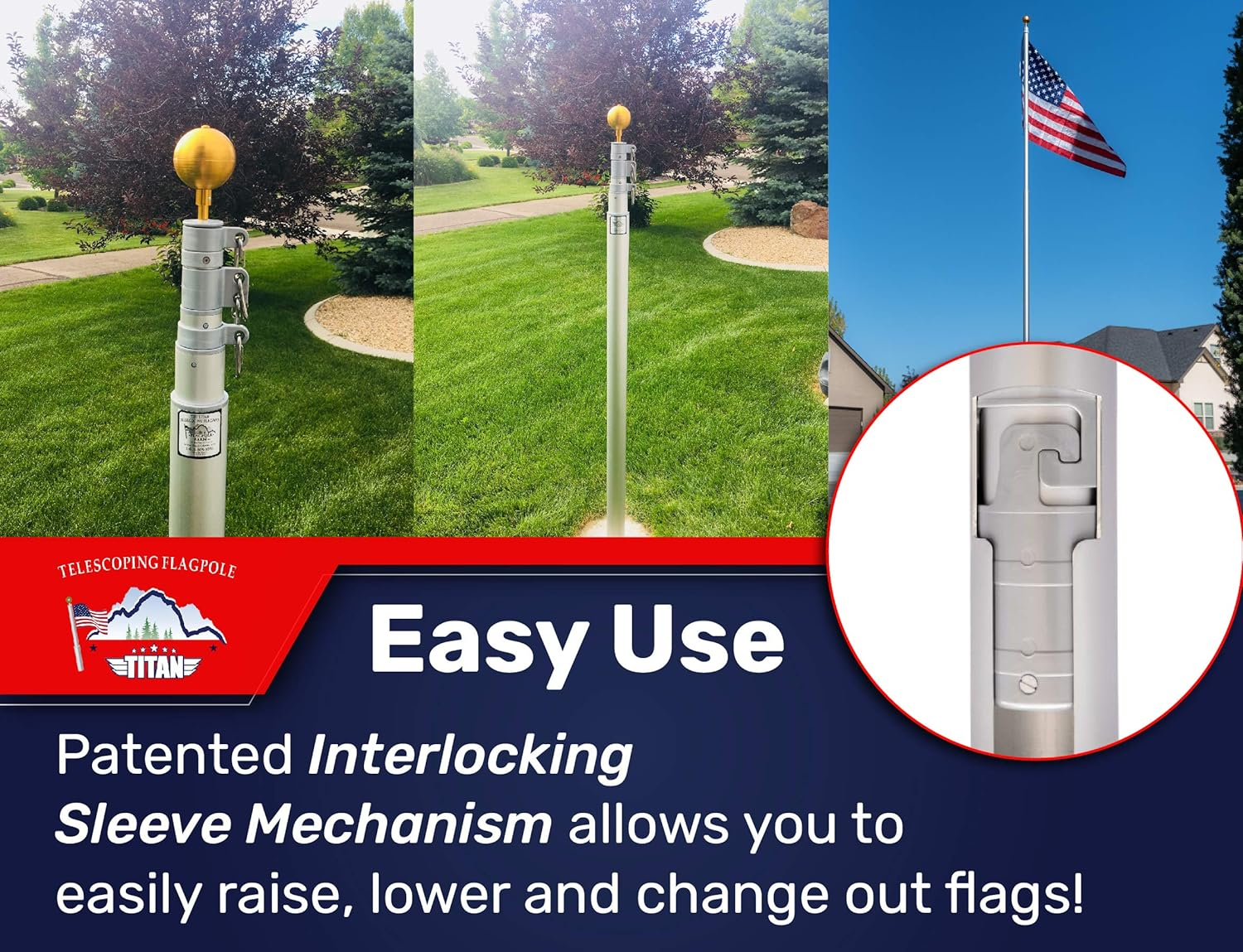 Titan Telescoping Flag Poles, 20ft Silver – Heavy Duty Flag Pole Kit, Includes Aluminum Telescoping Flag Pole, 4 x 6 American Flag, Hardware for 2 Flags and Detailed Installation Instructions