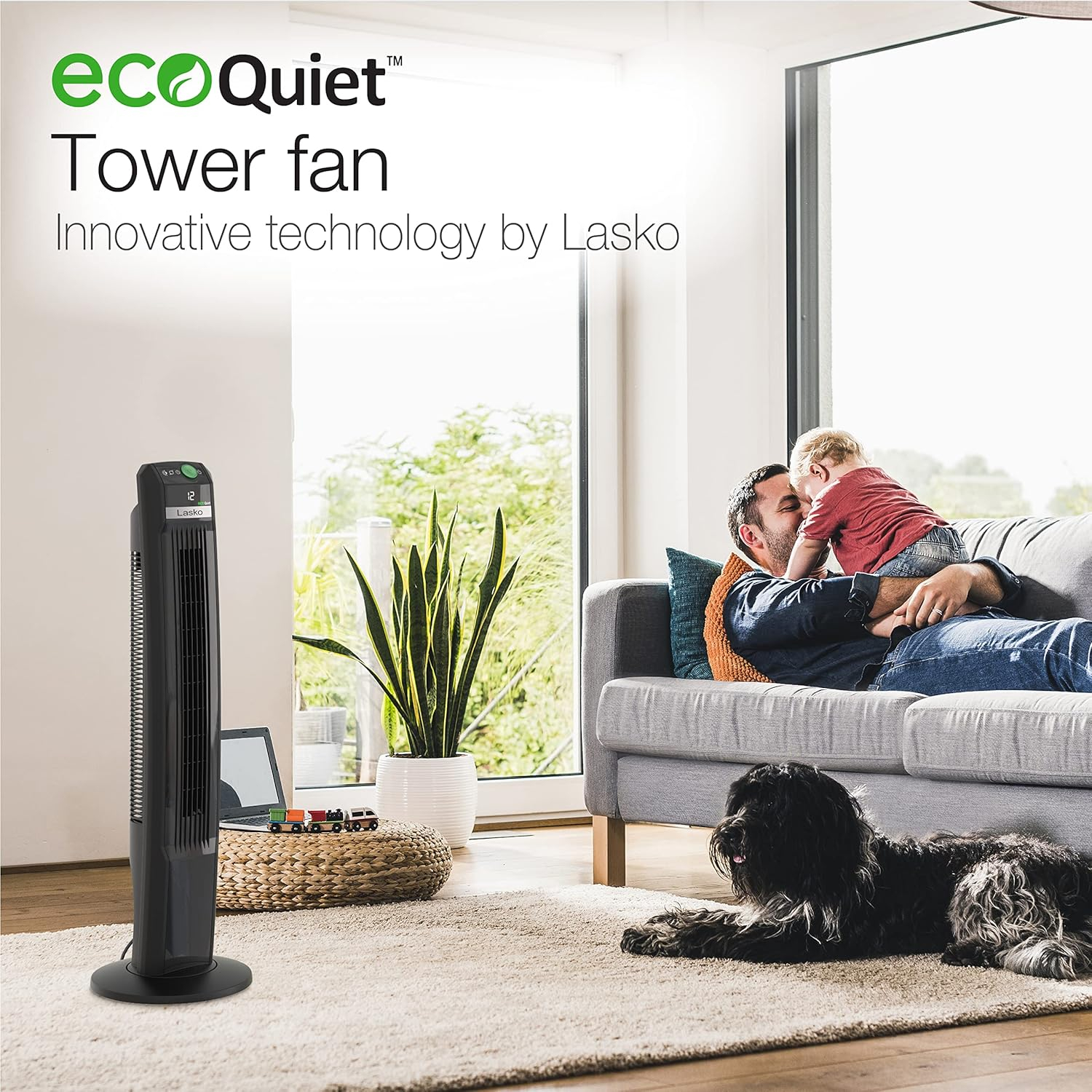 Lasko 42" EcoQuiet 12-Speed DC Motor Tower Fan with Remote Control, Black, T42700, New