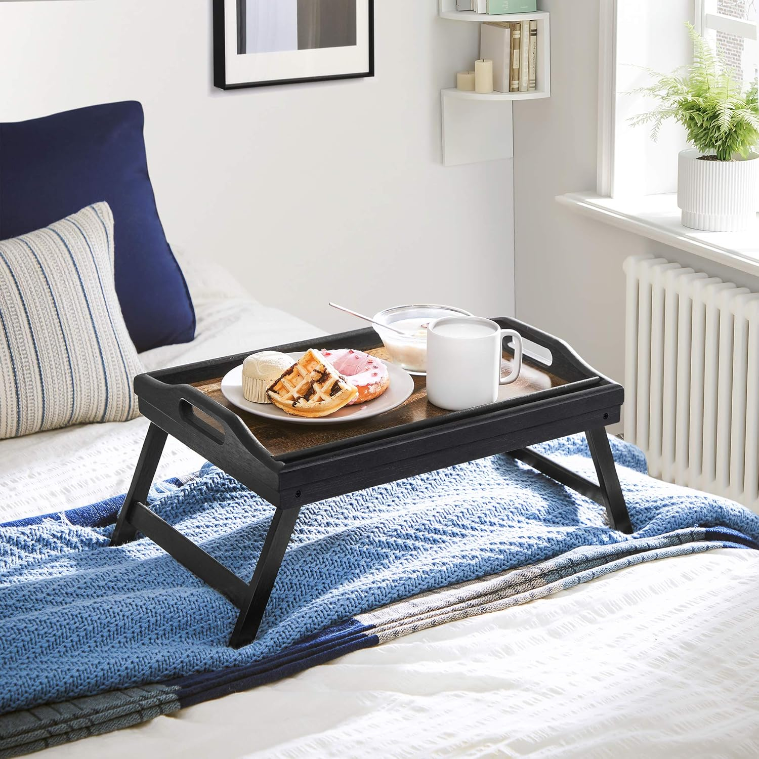 SONGMICS Bed Tray Table with Bamboo Folding Legs, Sofa Breakfast Tray, Serving Tray with Groove for Phone Tablet, Rustic Dark Brown ULLD111B01