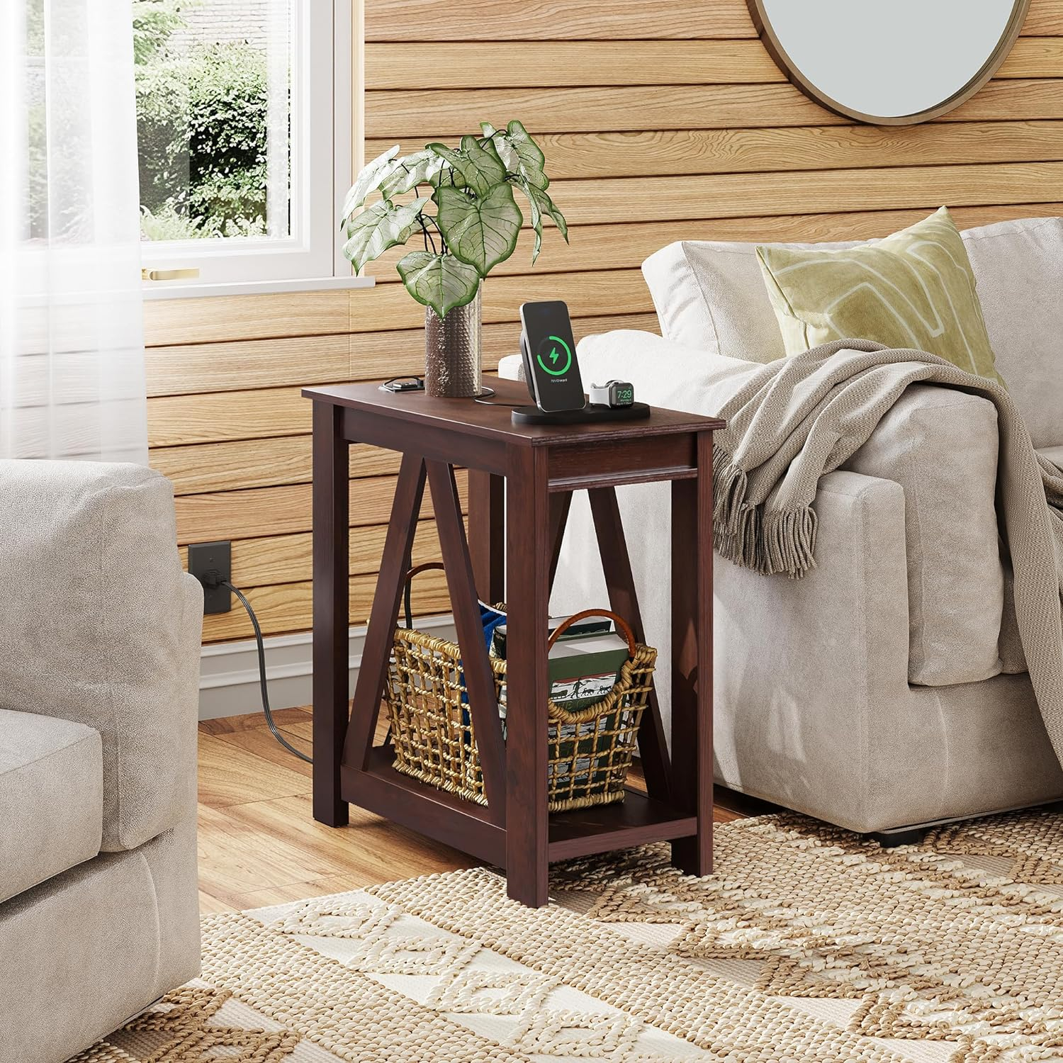 WLIVE Narrow End Table with Charging Station of Open Storage Shelf，Sofa Side Table with 2 USB Ports and 2 Power Outlets，Slim Farmhouse End Table for Small Spaces，Bedroom, Living Room, Espresso