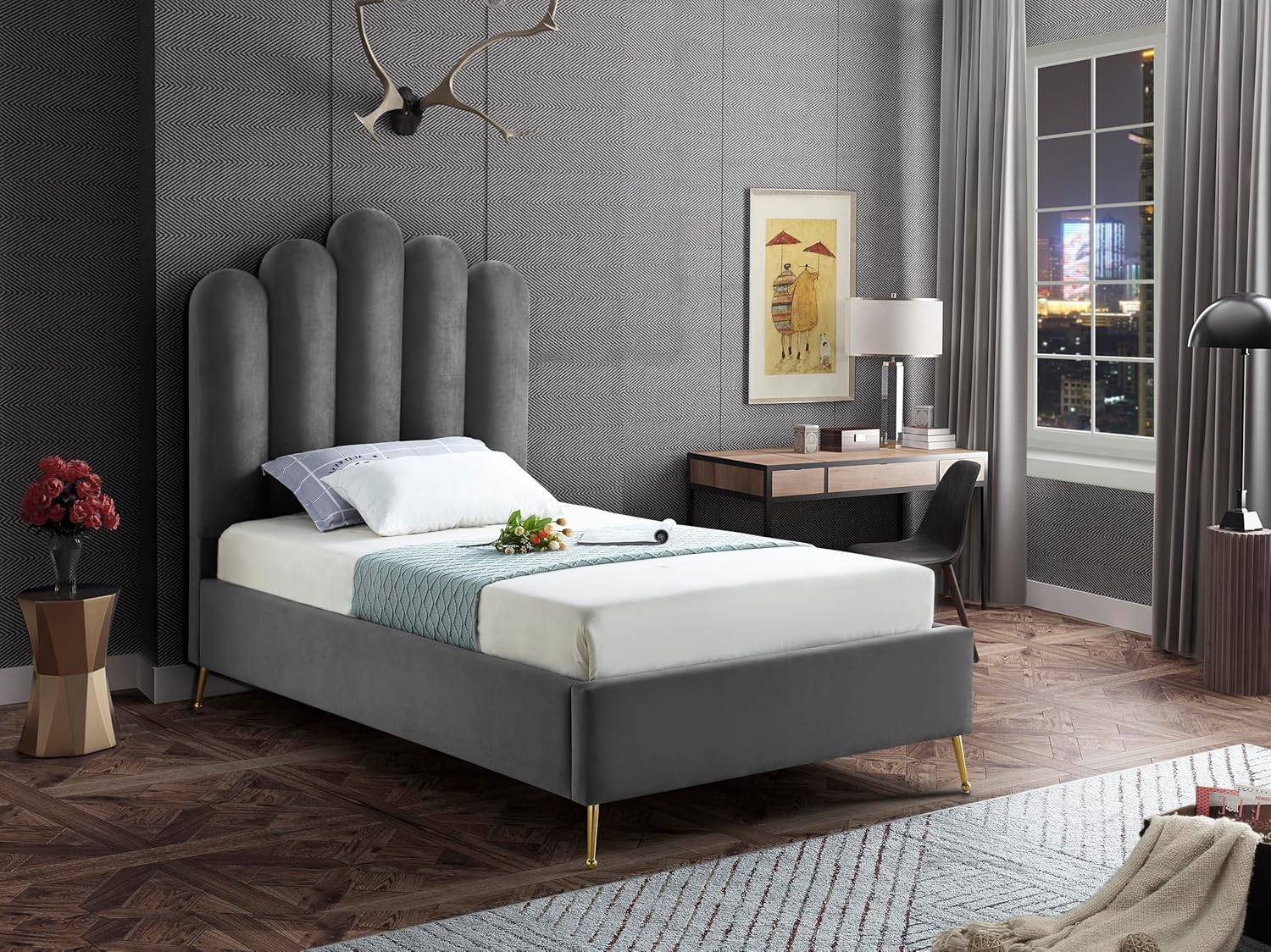 Meridian Furniture Contemporary Velvet Upholstered Platform Bed with Sturdy Gold Steel Legs and Deep Channel Tufted Headboard