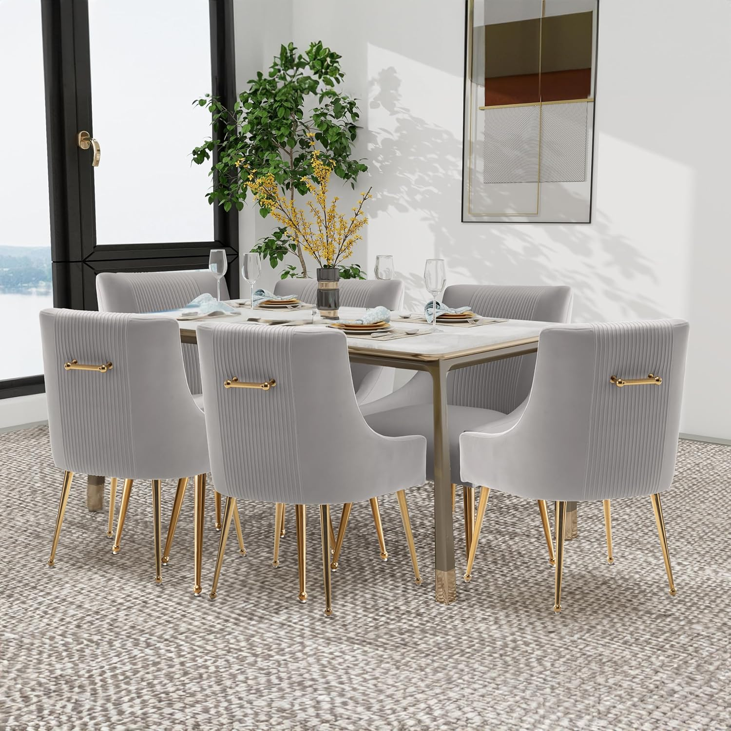 Dining Chairs,Modern Living Room Chairs, Velvet Upholstered Dining Room Chairs with Gold Legs,Tufted Accent Chair Set of 6 for Reception Room Bedroom Study Room(Grey)