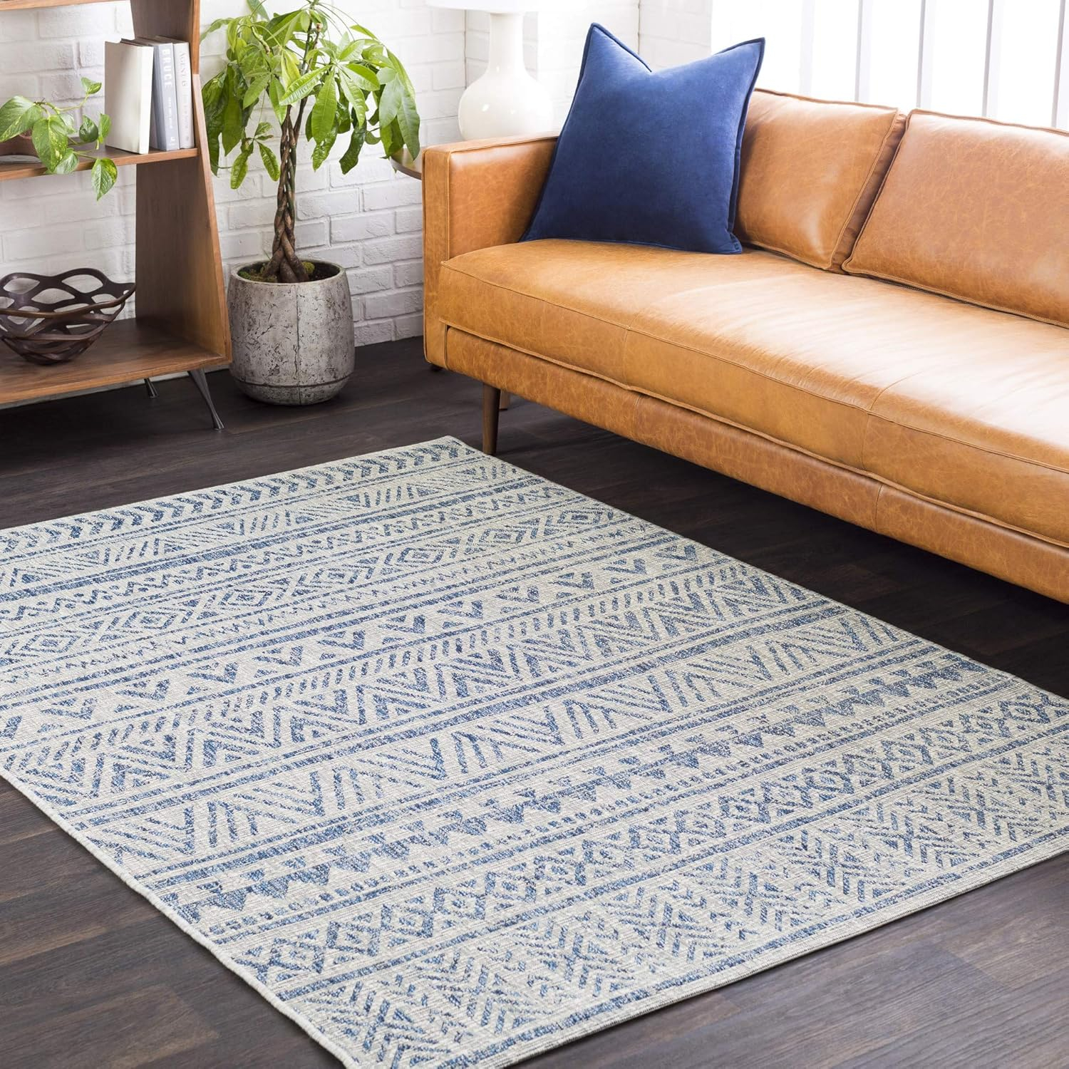 Livabliss Eagean Global Indoor/Outdoor Area Rug,6'7" Square,Denim/Cream