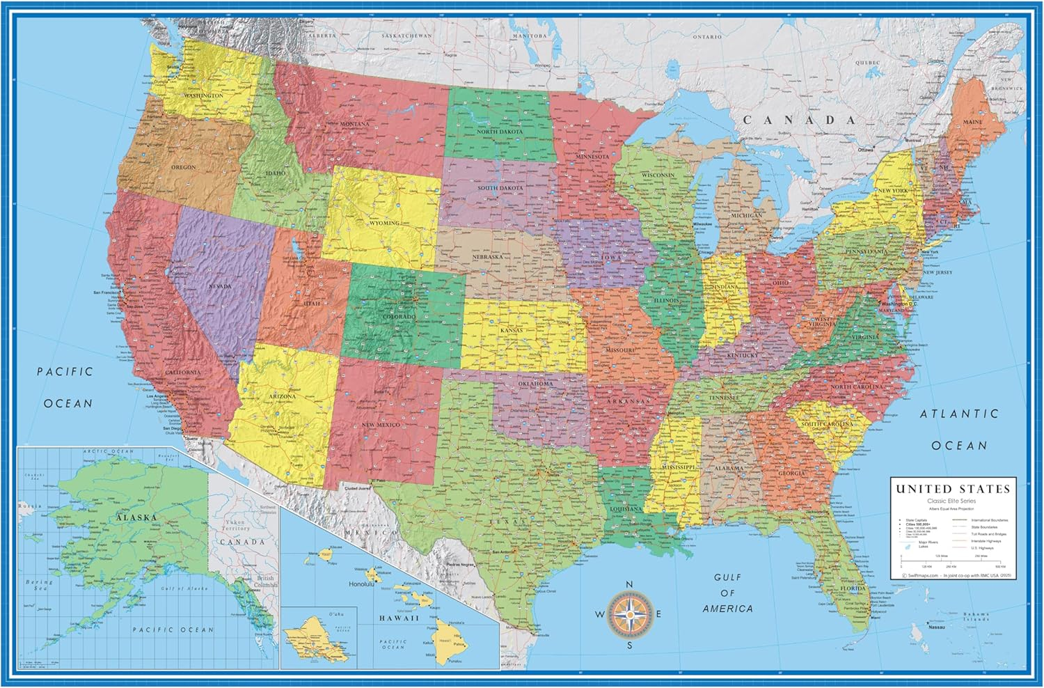 Laminated 50" x 32" United States Wall Map Poster with 3D Relief