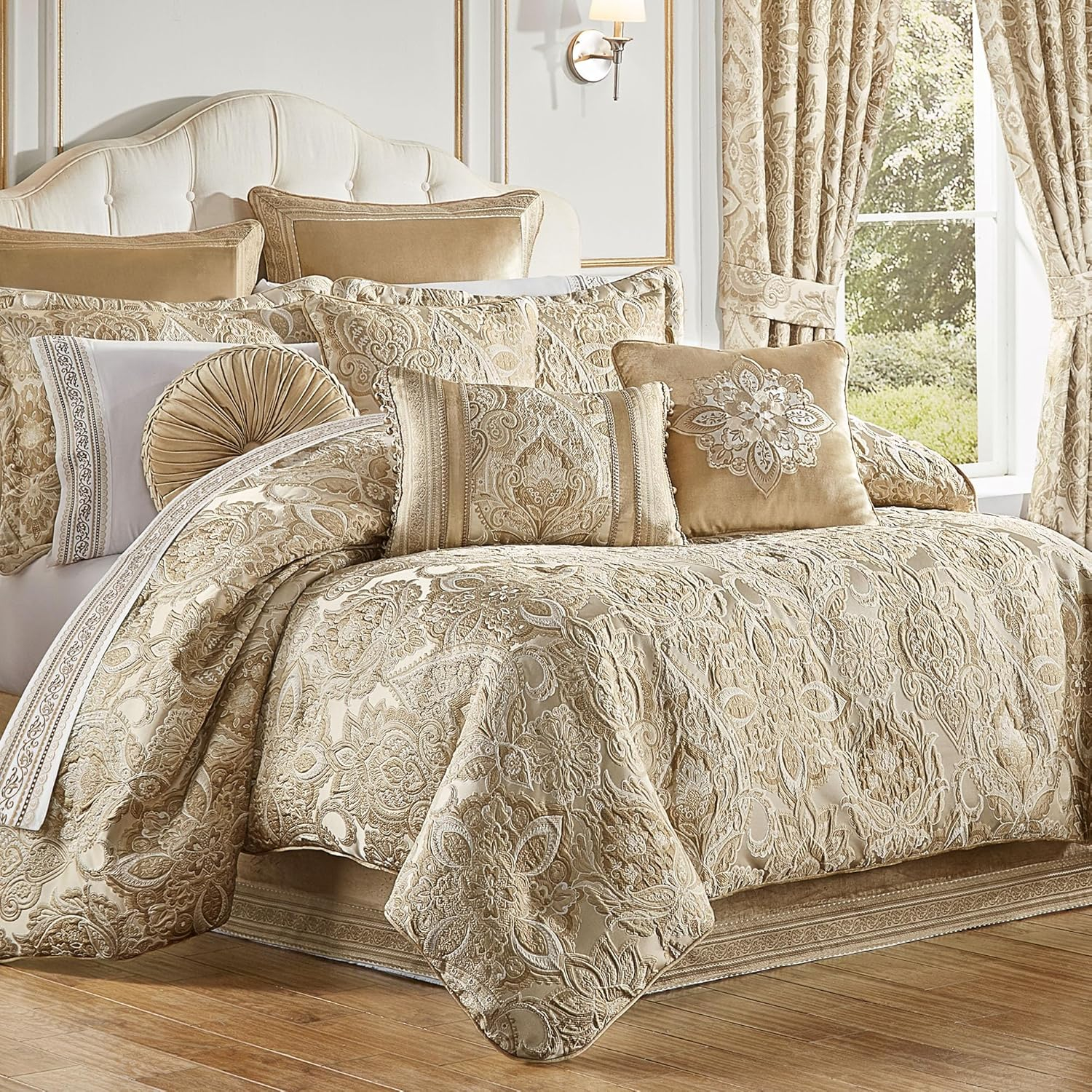 Albany Luxury Bedding | Soothing Neutral Tones of Champagne and Ivory | Jacobean Floral Inspired Damask, Medallions, and Stripes | 3 Piece Bed Set Includes Oversized Queen Bedspread & 2 Standard Shams