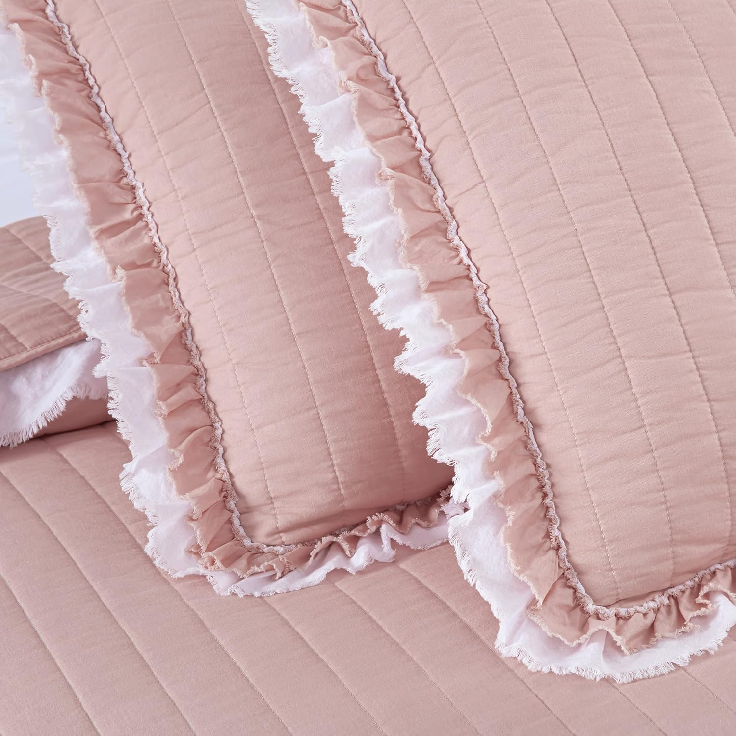 Blush Cotton King Quilt Set with Double Frayed Ruffle Edges