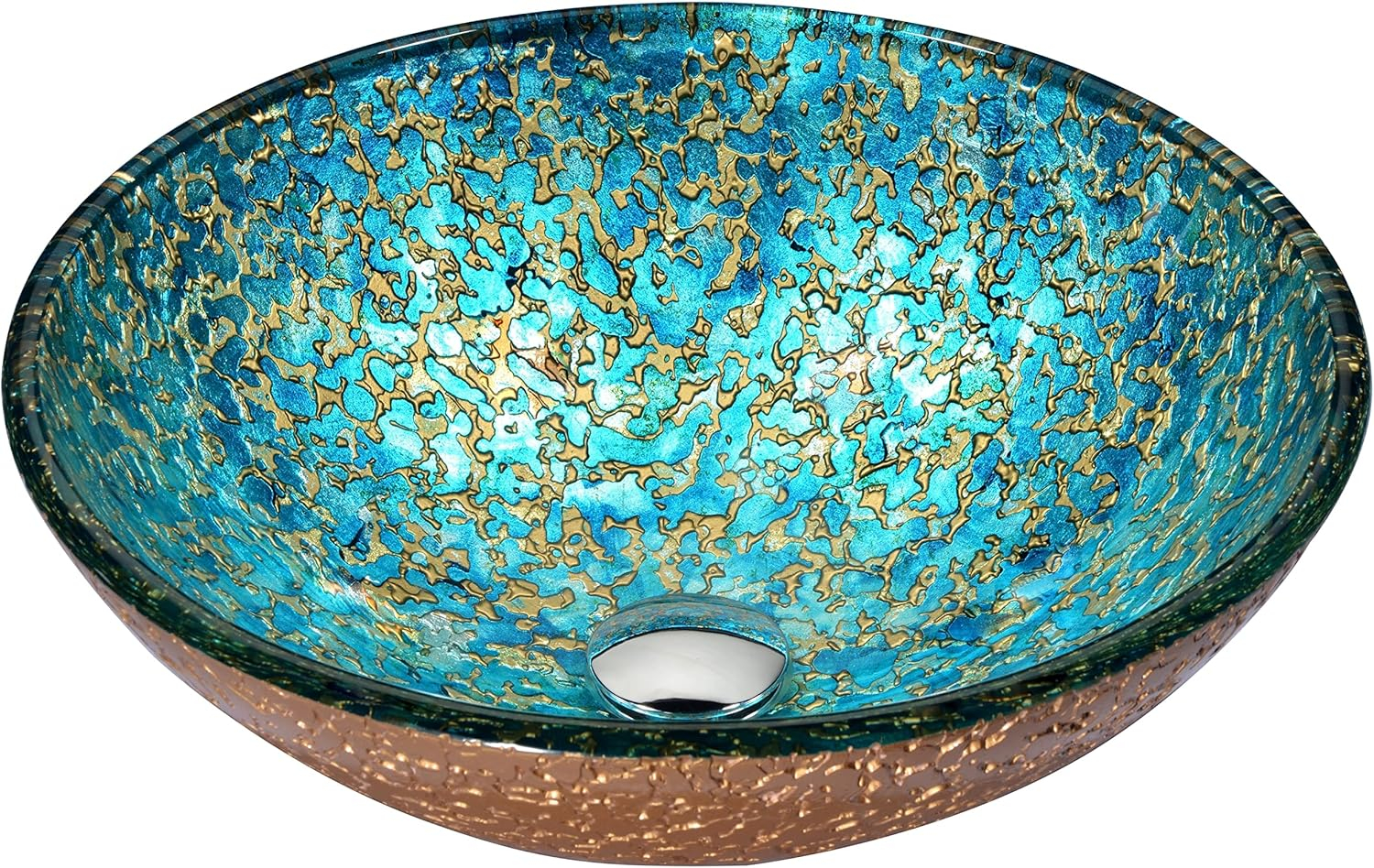 ANZZI Chrona Modern Tempered Glass Vessel Bowl Sink in Gold/Cyan Mix, Gold Top Mount Bathroom Sinks Above Counter, Round Vanity Countertop Sink Bowl with Pop Up Drain, LS-AZ209