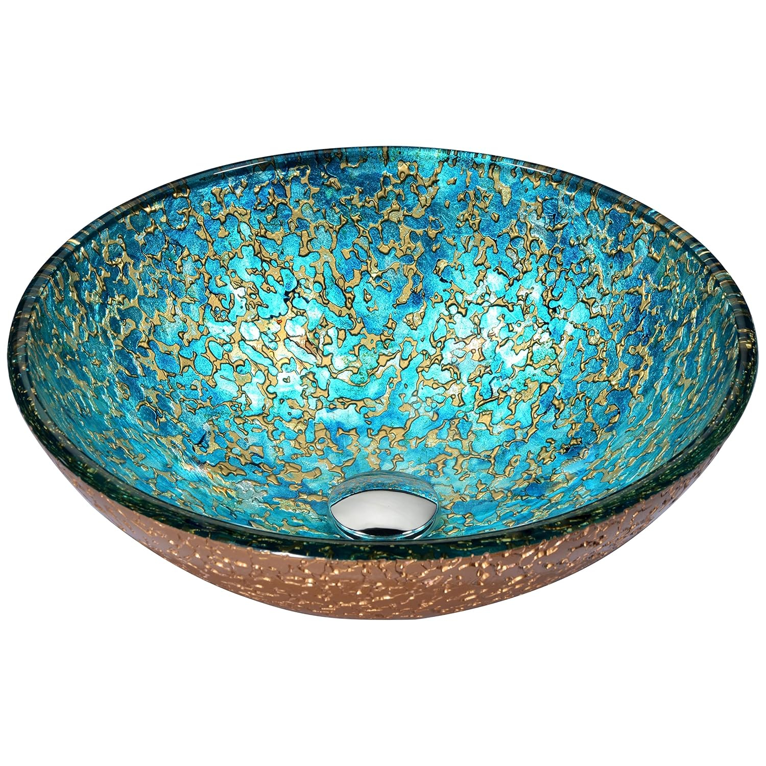 ANZZI Chrona Modern Tempered Glass Vessel Bowl Sink in Gold/Cyan Mix, Gold Top Mount Bathroom Sinks Above Counter, Round Vanity Countertop Sink Bowl with Pop Up Drain, LS-AZ209