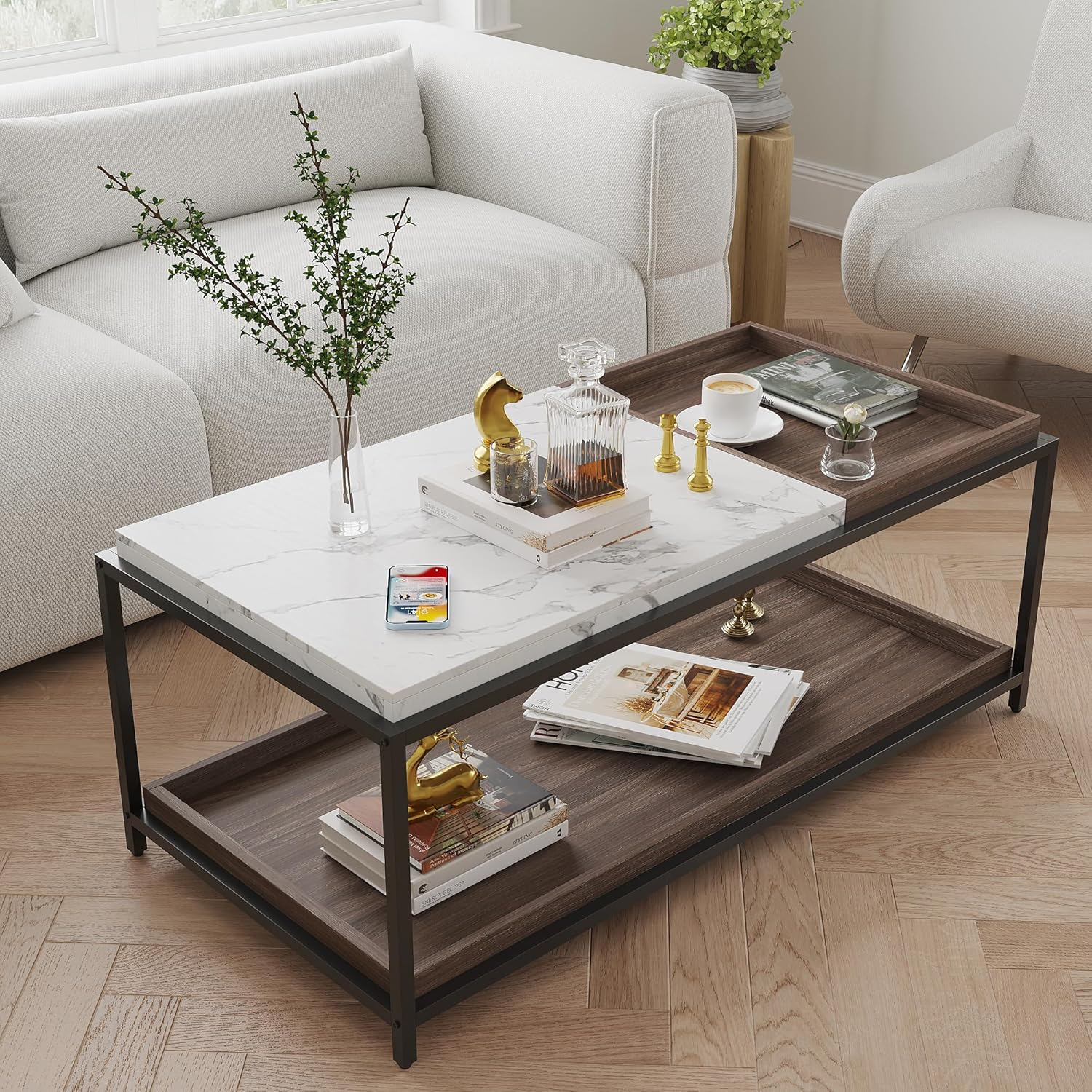 Convertible Entertaining Coffee Table - Faux Marble Coffee Table with 2 Removable Trays, 47 Living Room Table, Modern Coffee Table, Walnut Coffee Table