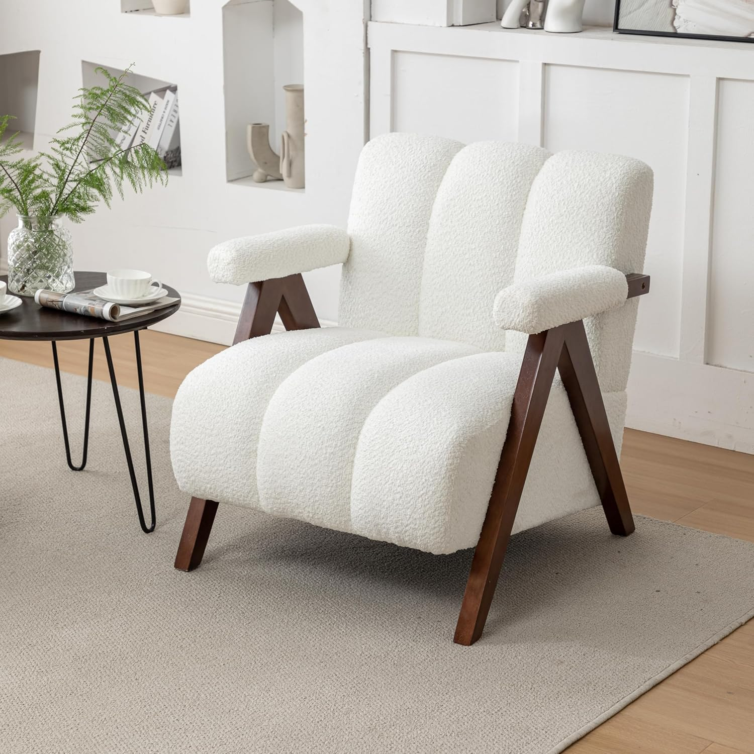 White Velvet Barrel Accent Chair with Wooden Legs