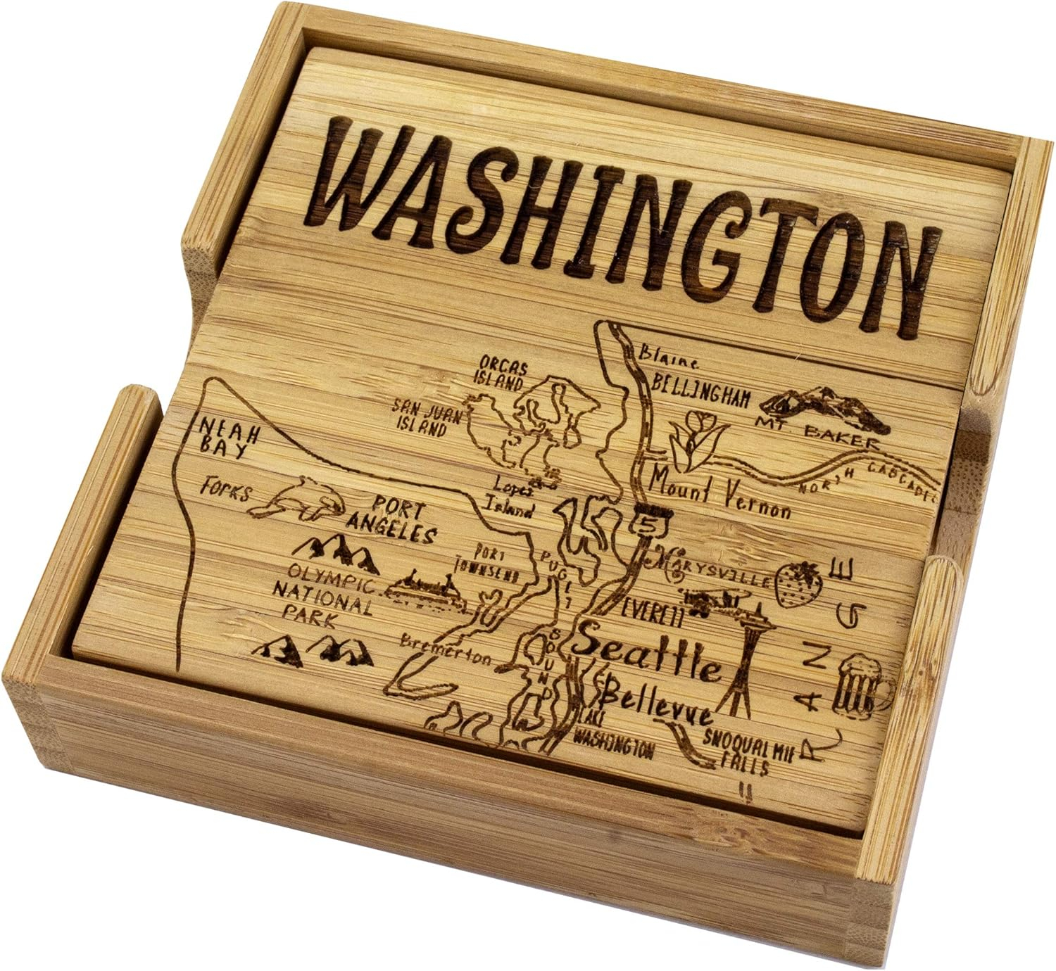 Washington State Bamboo Puzzle Coaster Set with Case