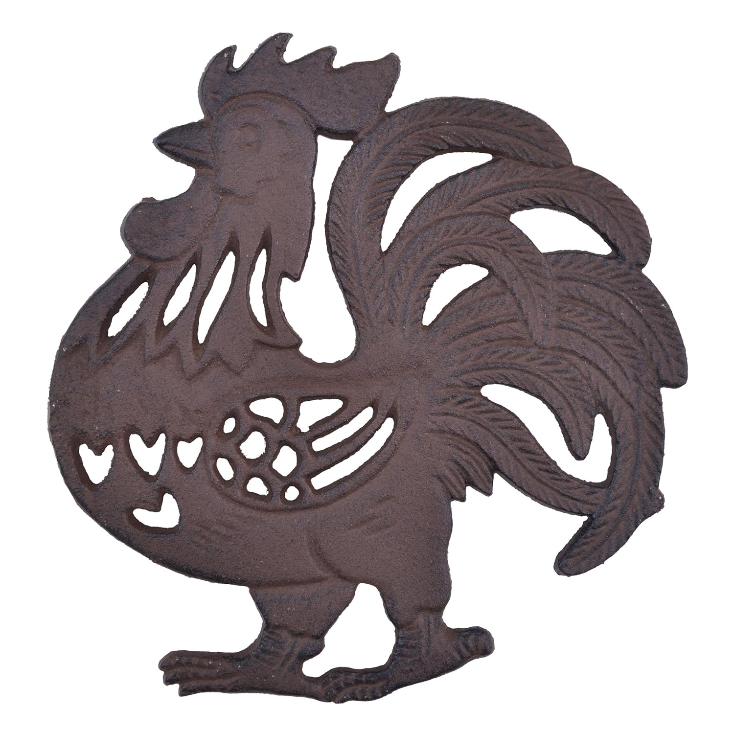 Rustic Brown Cast Iron Rooster Kitchen Trivet, 7.75" Wide