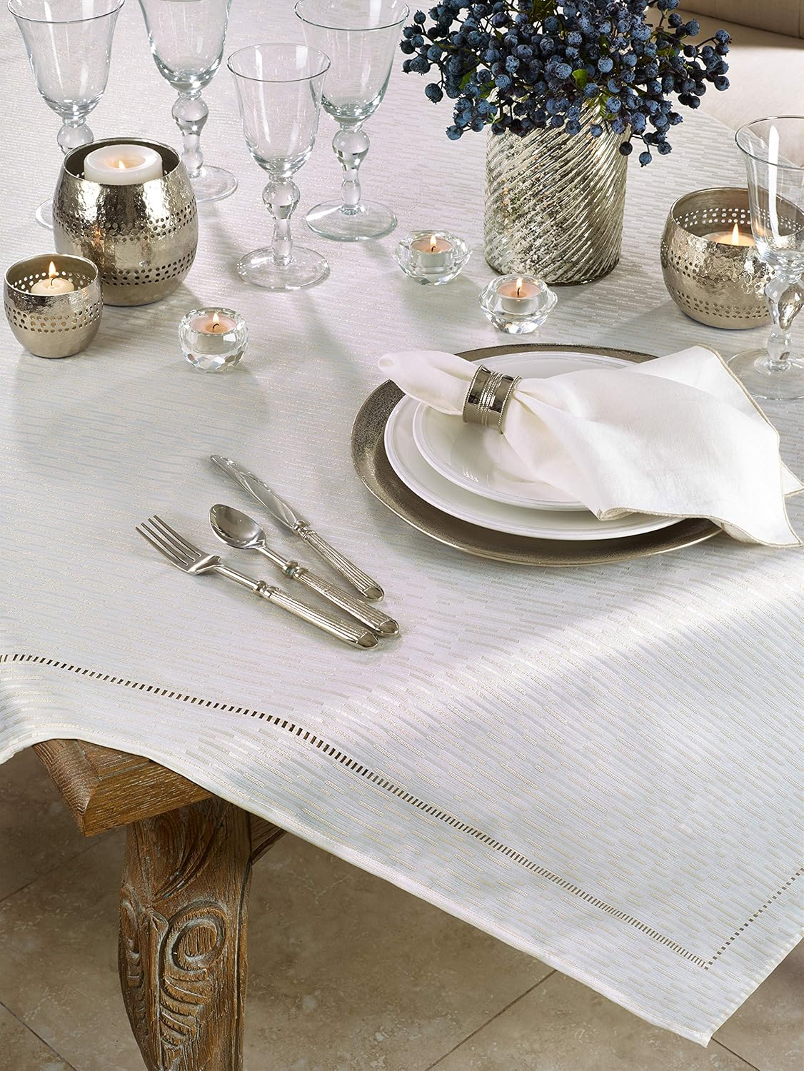 Hemstitched Off-White Rectangular Fabric Tablecloth