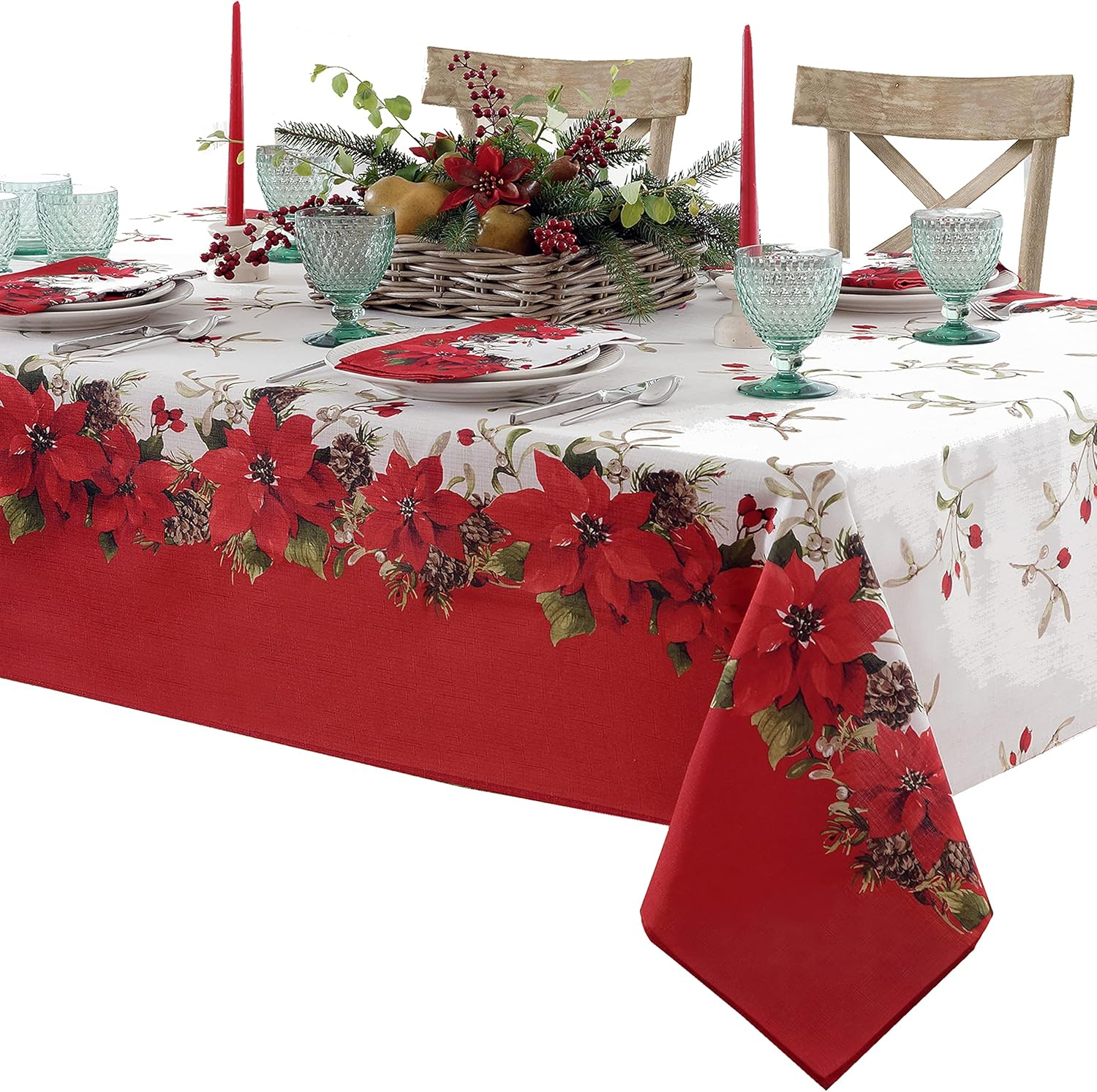 Newbridge Christmas Blooming Poinsettia’s Double Bordered 52 x 52 inch Square Fabric Tablecloth, Holiday Red and White Poinsettia Dining Table Cover