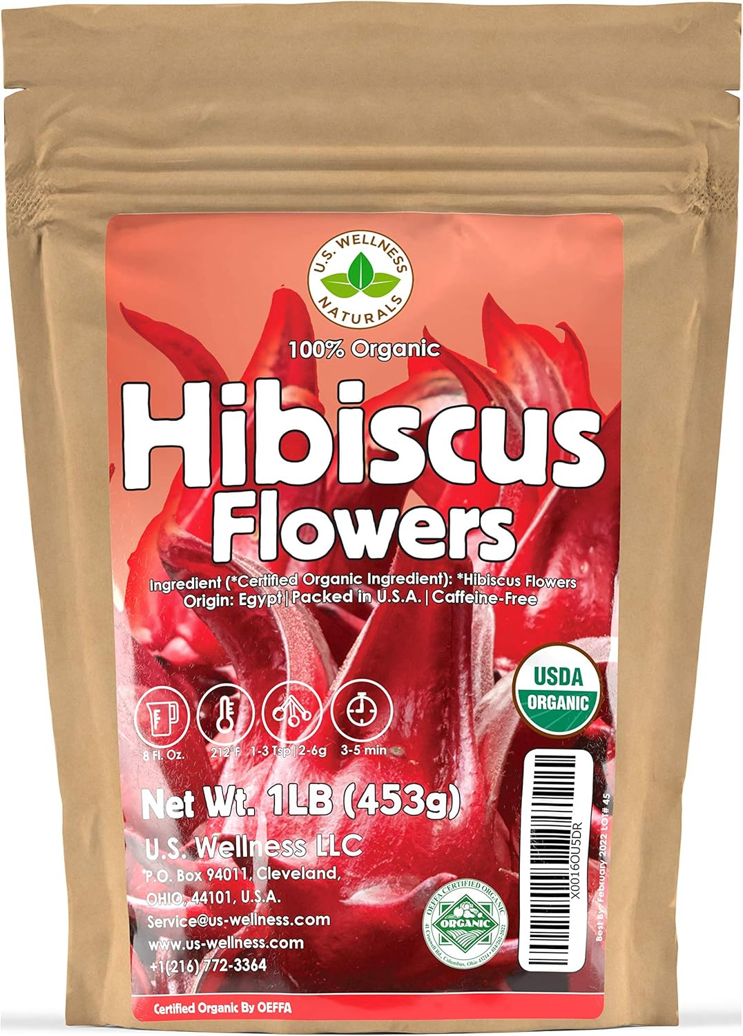 Hibiscus Tea 1LB (16Oz) 100% CERTIFIED Organic Hibiscus Flowers Herbal Tea (WHOLE PETALS), Caffeine Free in 1 lbs. Bulk Resealable Kraft BPA free Bags from U.S. Wellness