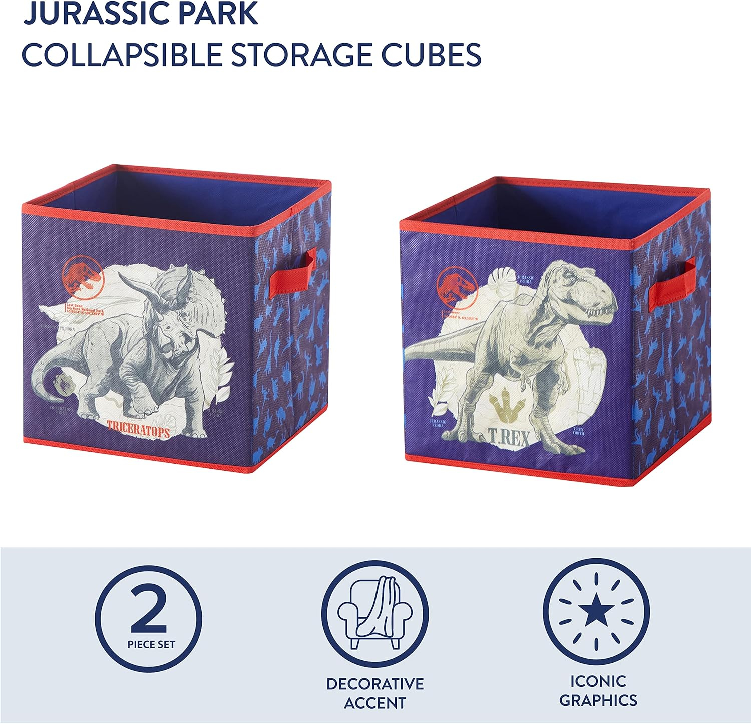 Jurassic World Kids' Blue Fabric Collapsible Storage Cubes, 10"x10", Set of 2