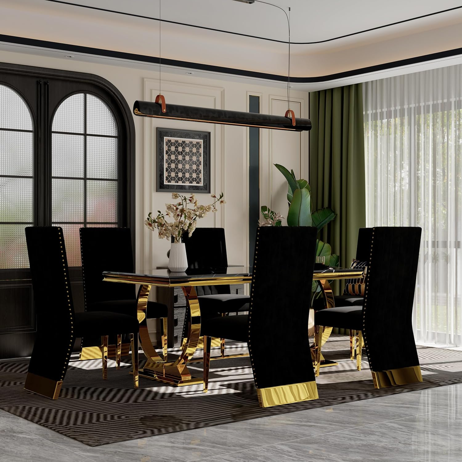 7 Pieces Black and Gold Dining Table Set, Kitchen and Dining Room Table Set with 6 Black Velvet Upholstered Chairs, 72" Rectangular Dining Table Set for 6