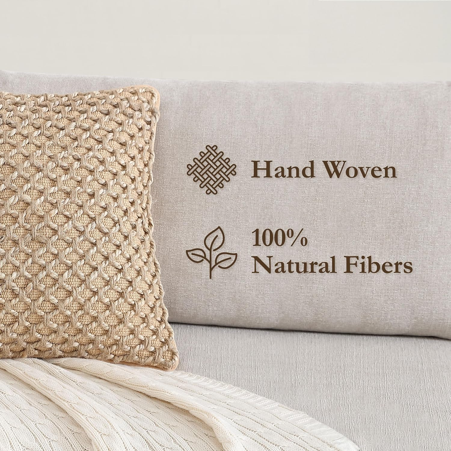 Boho Living Jada Premium Woven Design, Living Room Décor, Decorative Throw, (1) 18" x 18" Pillow Cover with Insert, Beige