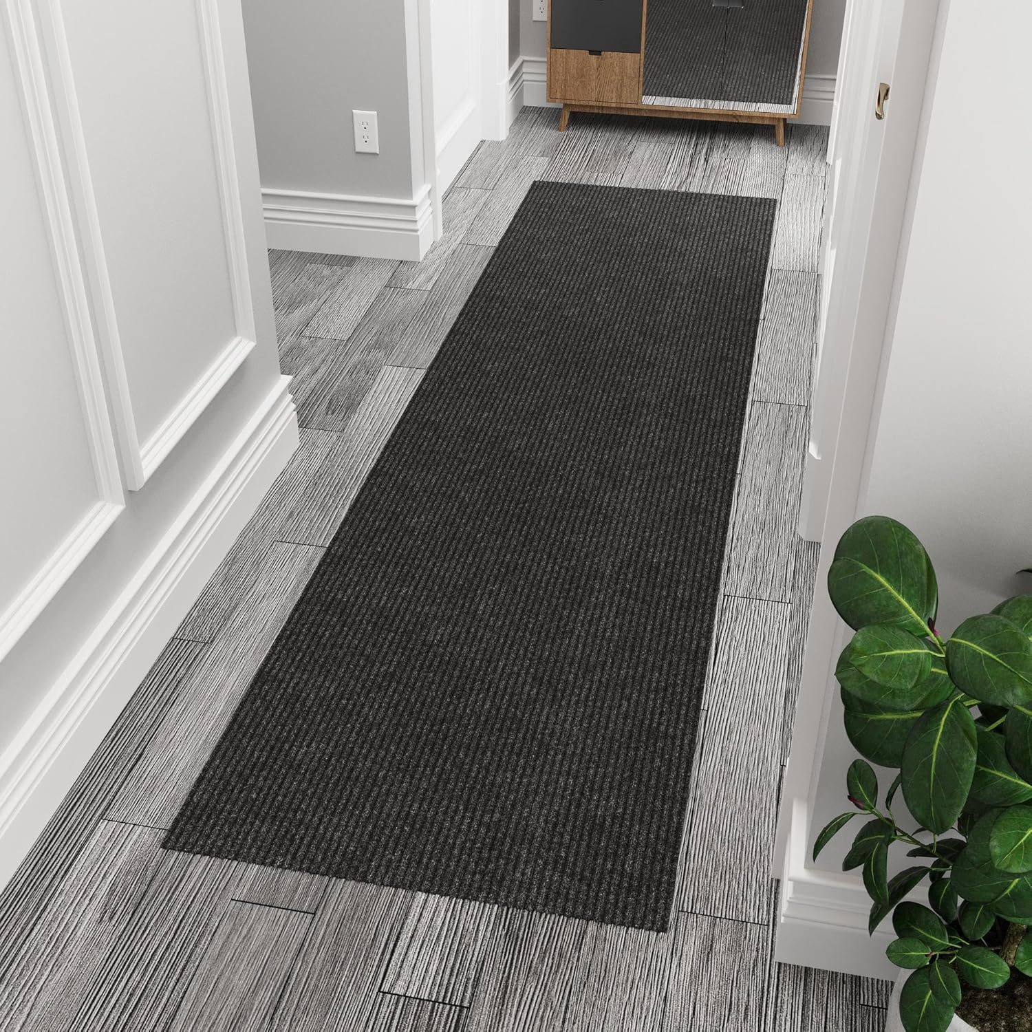 Ottomanson Non-Slip Hallway Runner Rug 2' x 7' Indoor/Outdoor Custom Size Utility Carpet for Garage, Black Ribbed