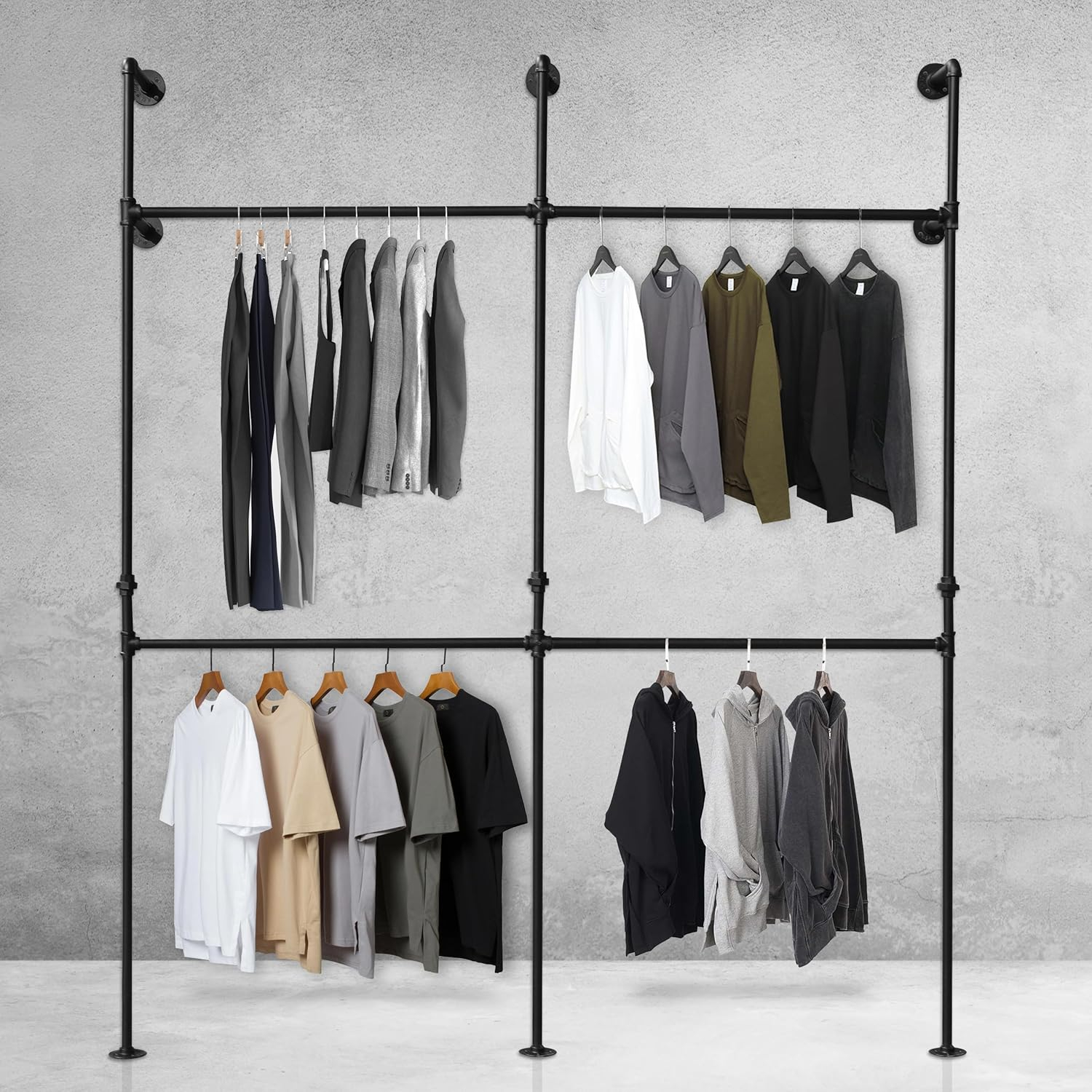 Magula Industrial Pipe Clothing Rack，Moden Commercial Grade Pipe Clothes Racks for Wardrobe, Bedroom and as Walk-in Closet System，Wall Mounted Heavy Duty Steampunk Garment Clothes Rack,Black (Double)