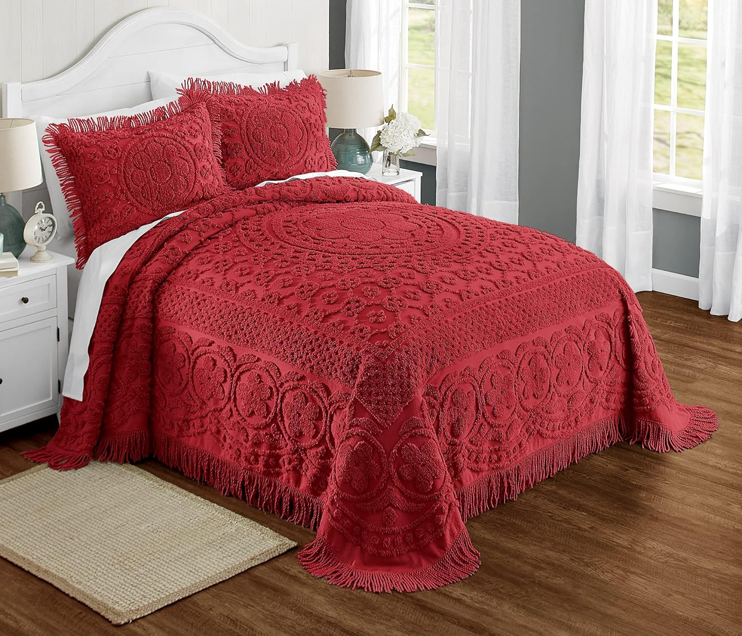 Montgomery Ward Emily Floral Chenille Bedspread, Soft Cotton Comforter, Twin Size Quilt in Red - Luxury Hotel Bedding, Twin Bedspread (Red, Twin)