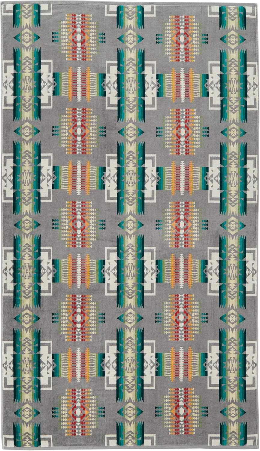 Oversized Gray Cotton Spa Towel with Native American Pattern