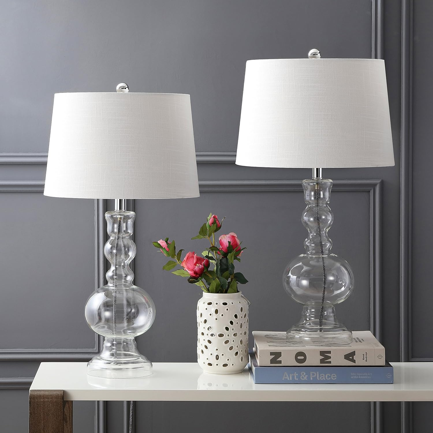 JONATHAN Y JYL1061B-SET2 Set of 2 Table Lamps Genie 28.5" Glass LED Table Lamp Contemporary Transitional Bedside Desk Nightstand Lamp for Bedroom Living Room Office College Bookcase, Clear