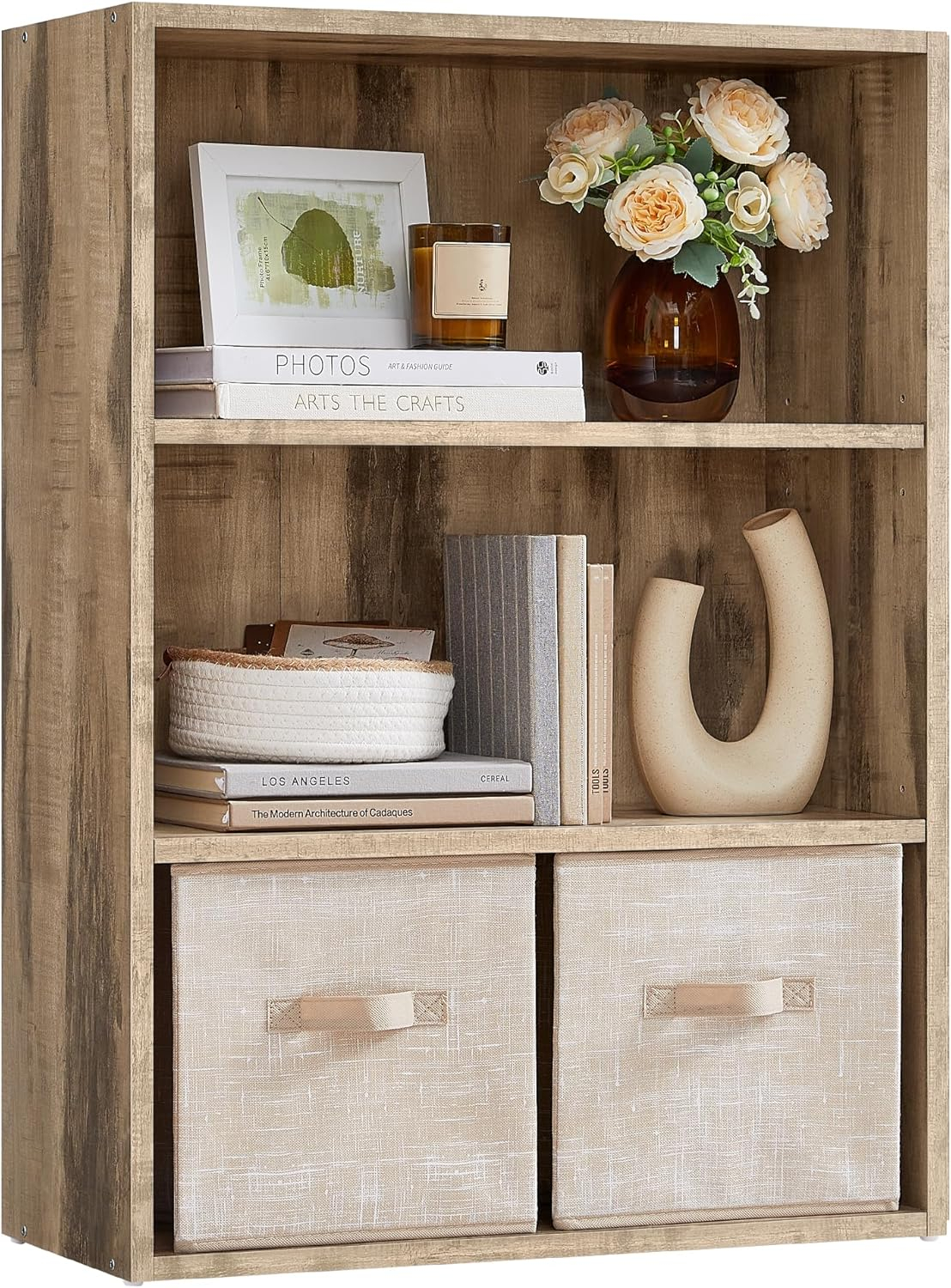 Cube Storage Organizer 3-Tier Bookshelf Bookcase with Adjustable Storage Shelves Rustic Brown